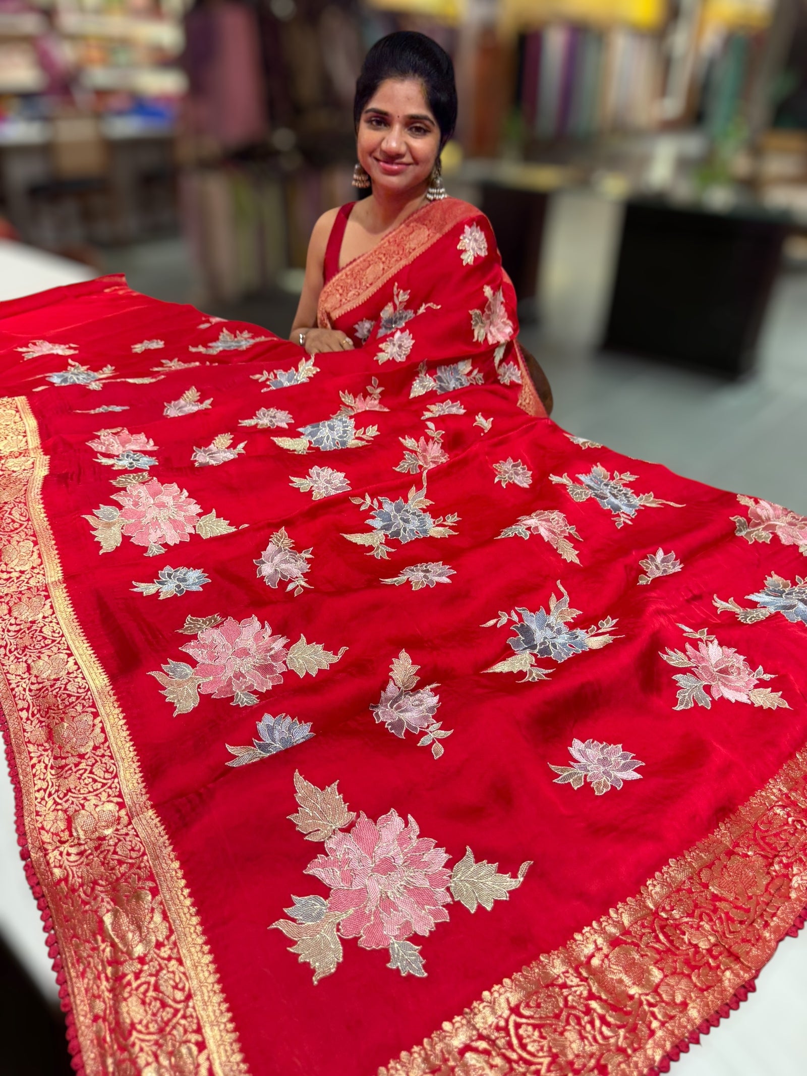 Chilli Red Mashru Banaras with embroidery