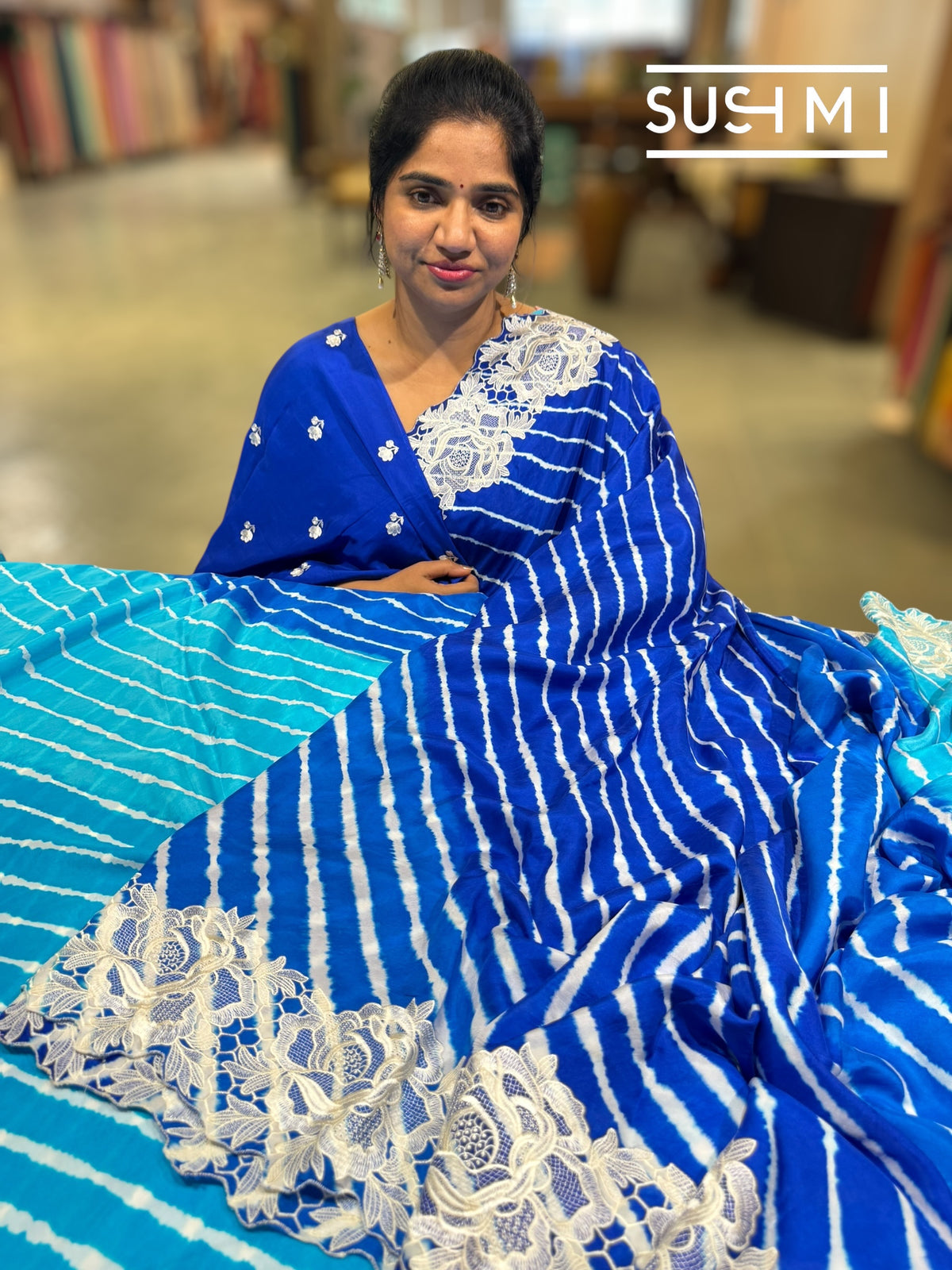Electric Blue Ombre dyed habutai satin Silk lehariya Saree S62F064