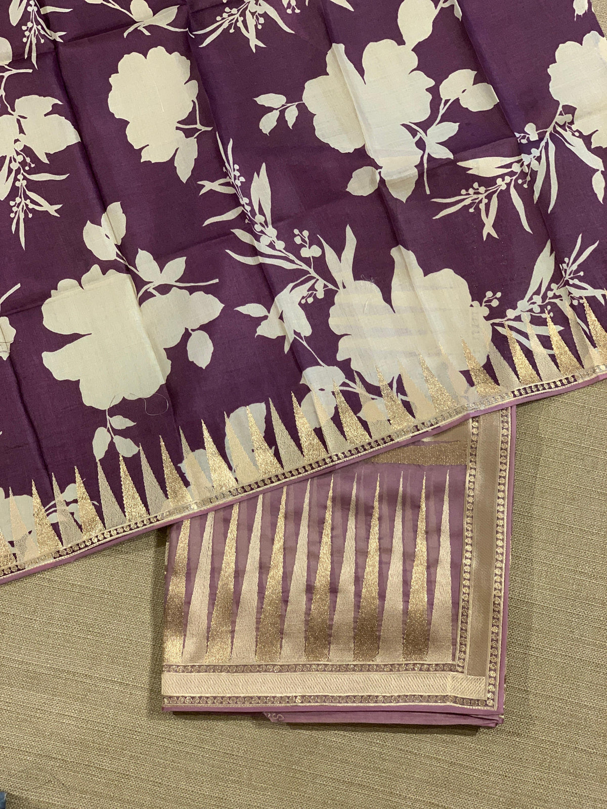 Mauve Pure Organza With Temple Embroidered Border & Tussar Printed Blouse