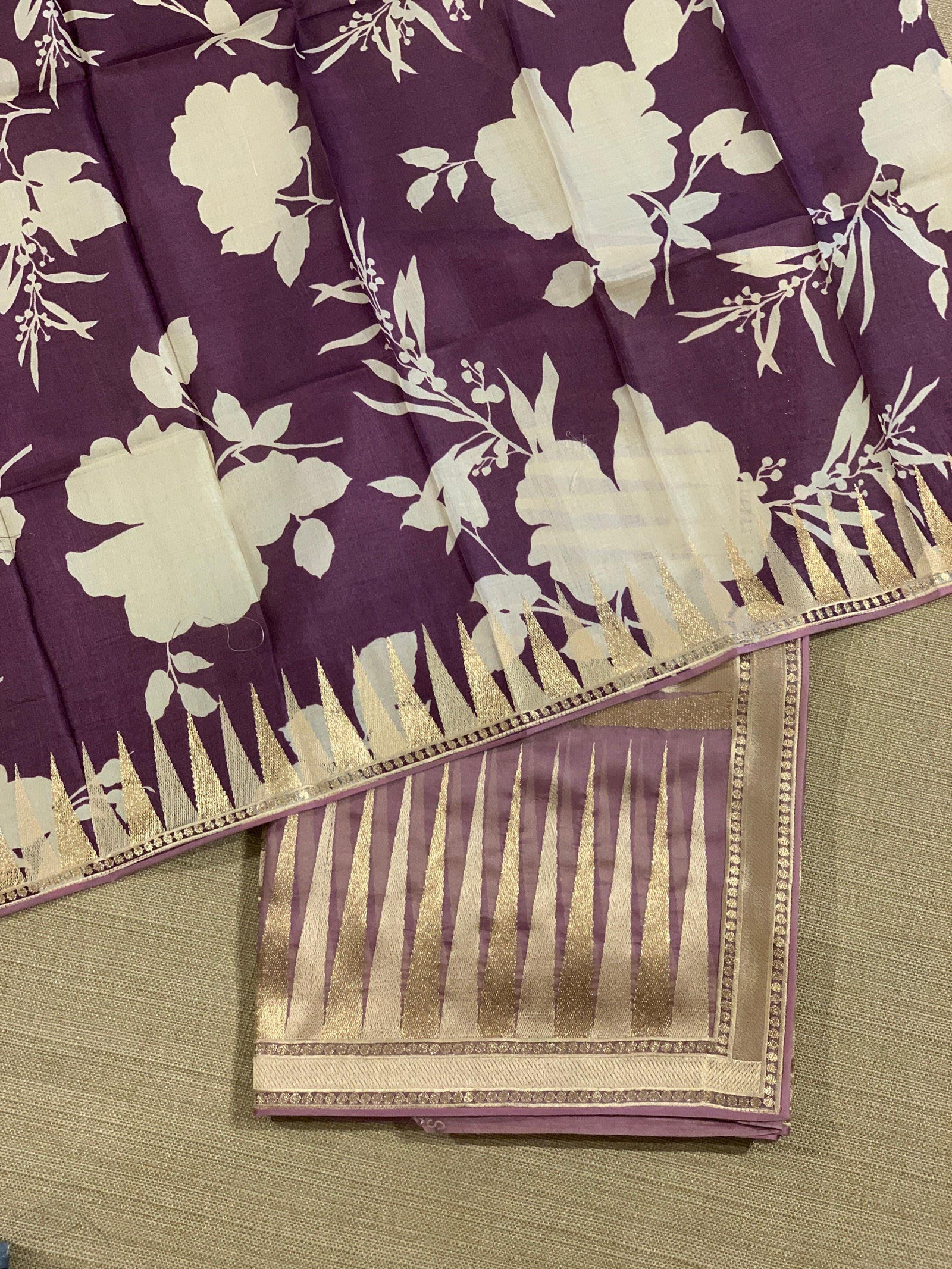 Mauve Pure Organza With Temple Embroidered Border & Tussar Printed Blouse