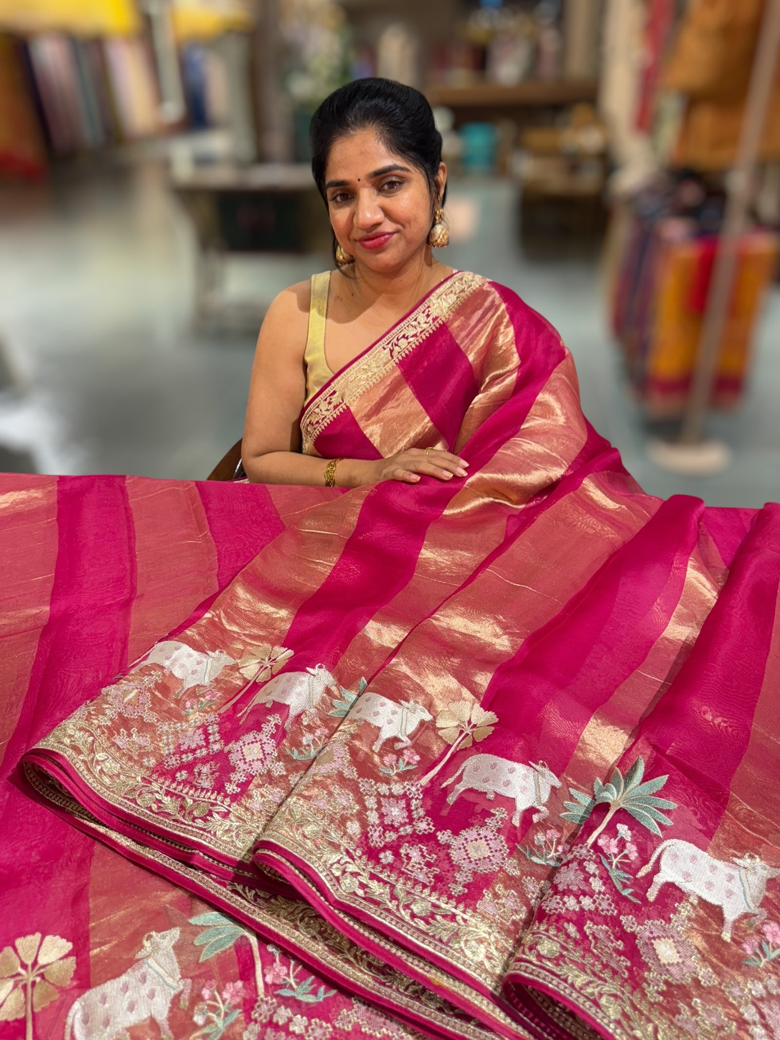 Dark Pink Kora Tissue Stripes Saree With Jamdani  & Pichwai embroidered Border