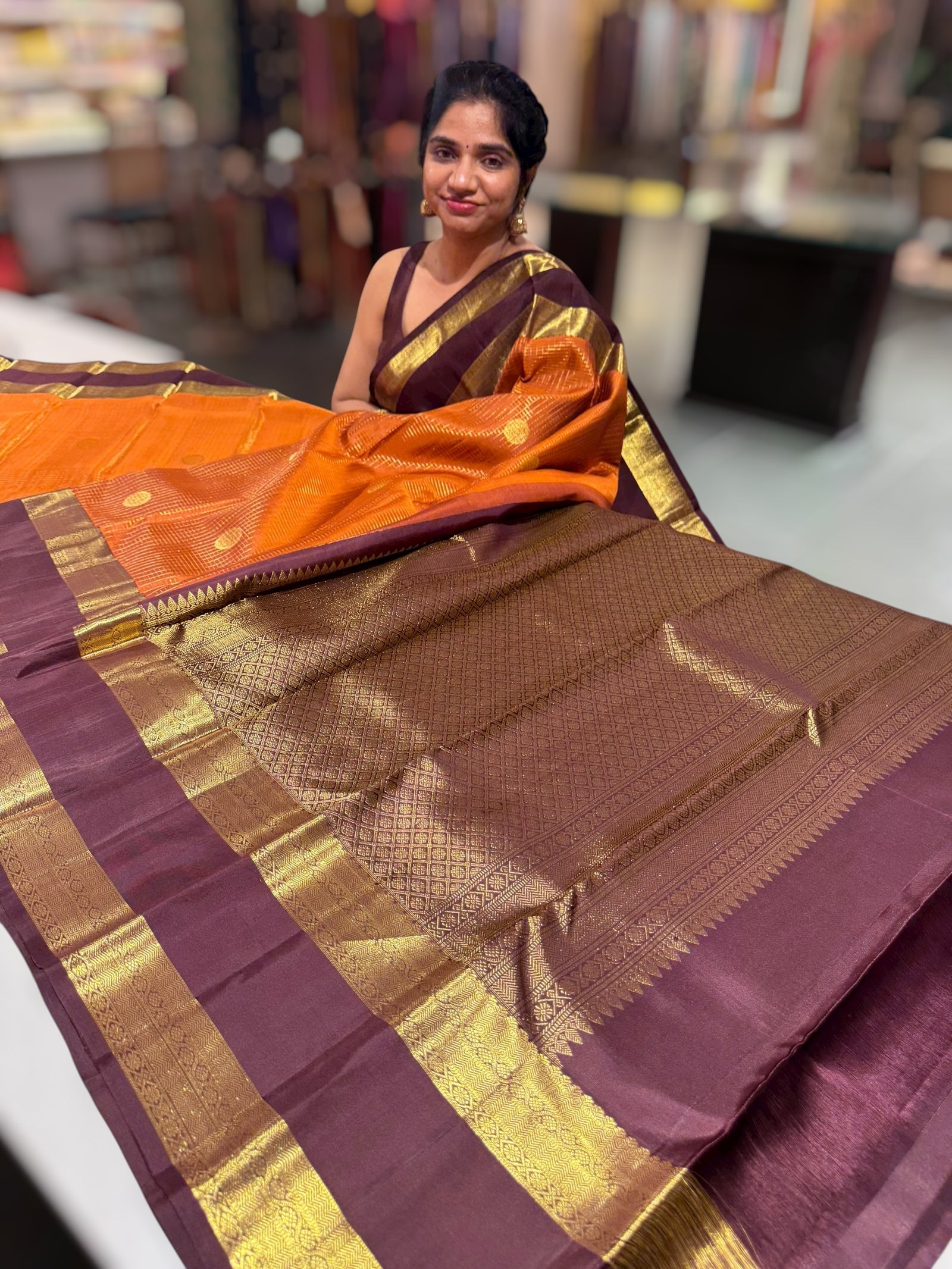 Rust Orange & coffee brown combo Kanchipuram Vintage checks  Saree