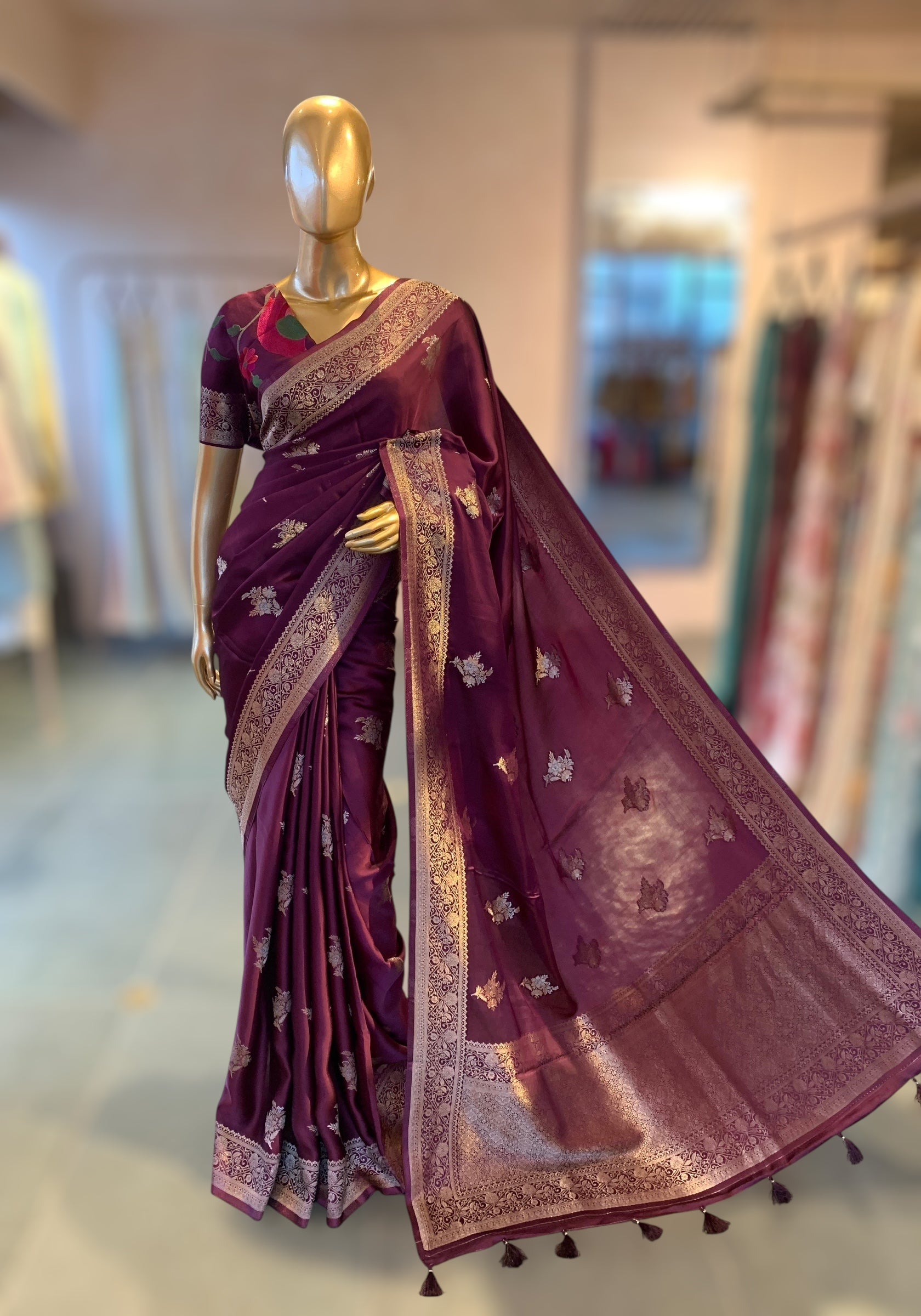 Wine Mashru Silk Saree with Paithani inspired embroidered blouse
