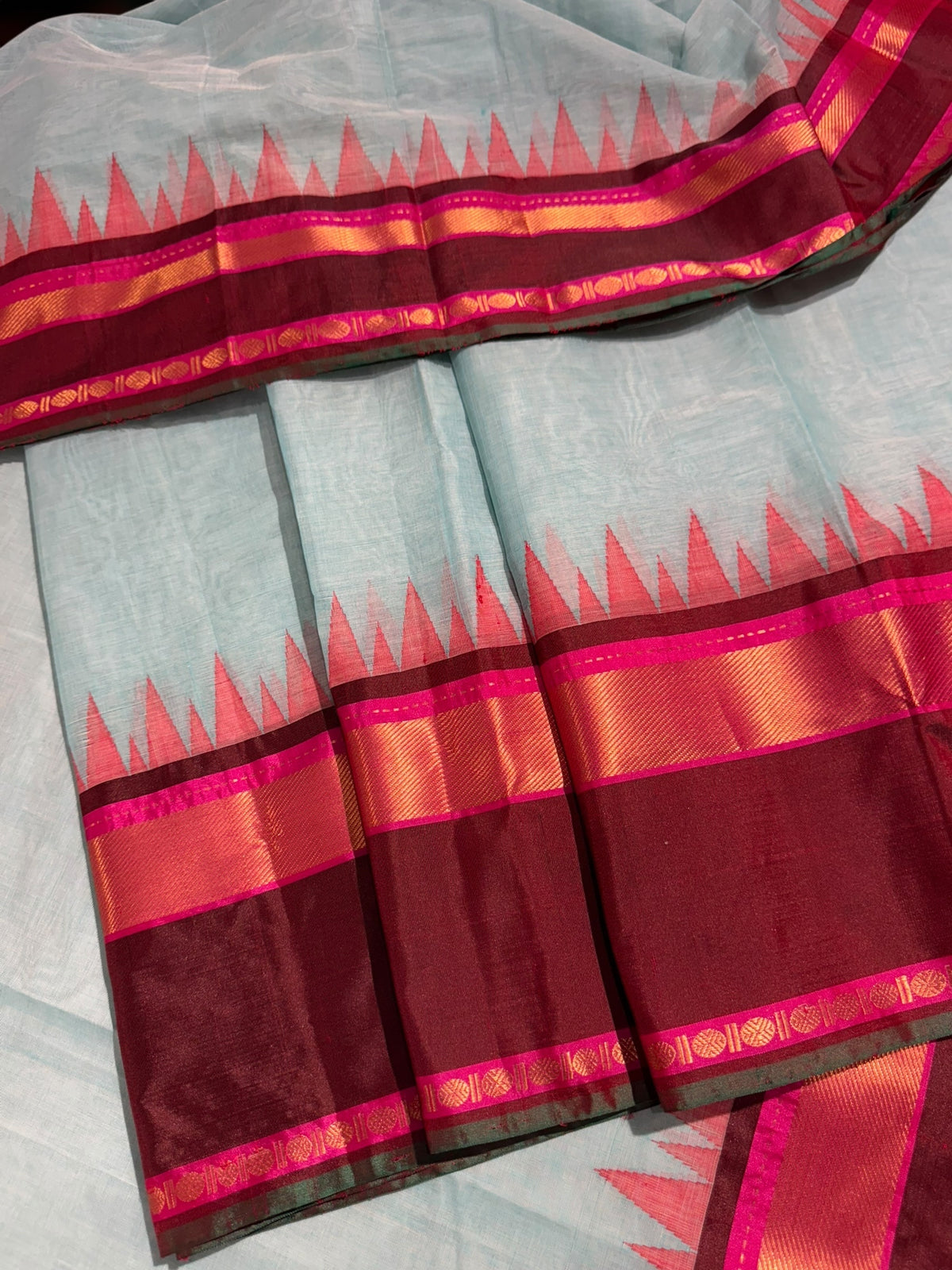 Pastel Blue Ponduru Khadi Saree in 80’s Count with Kanchi Style borders