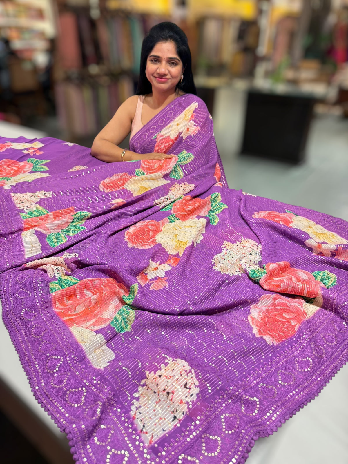 Purple georgette sequence saree with statement floral print