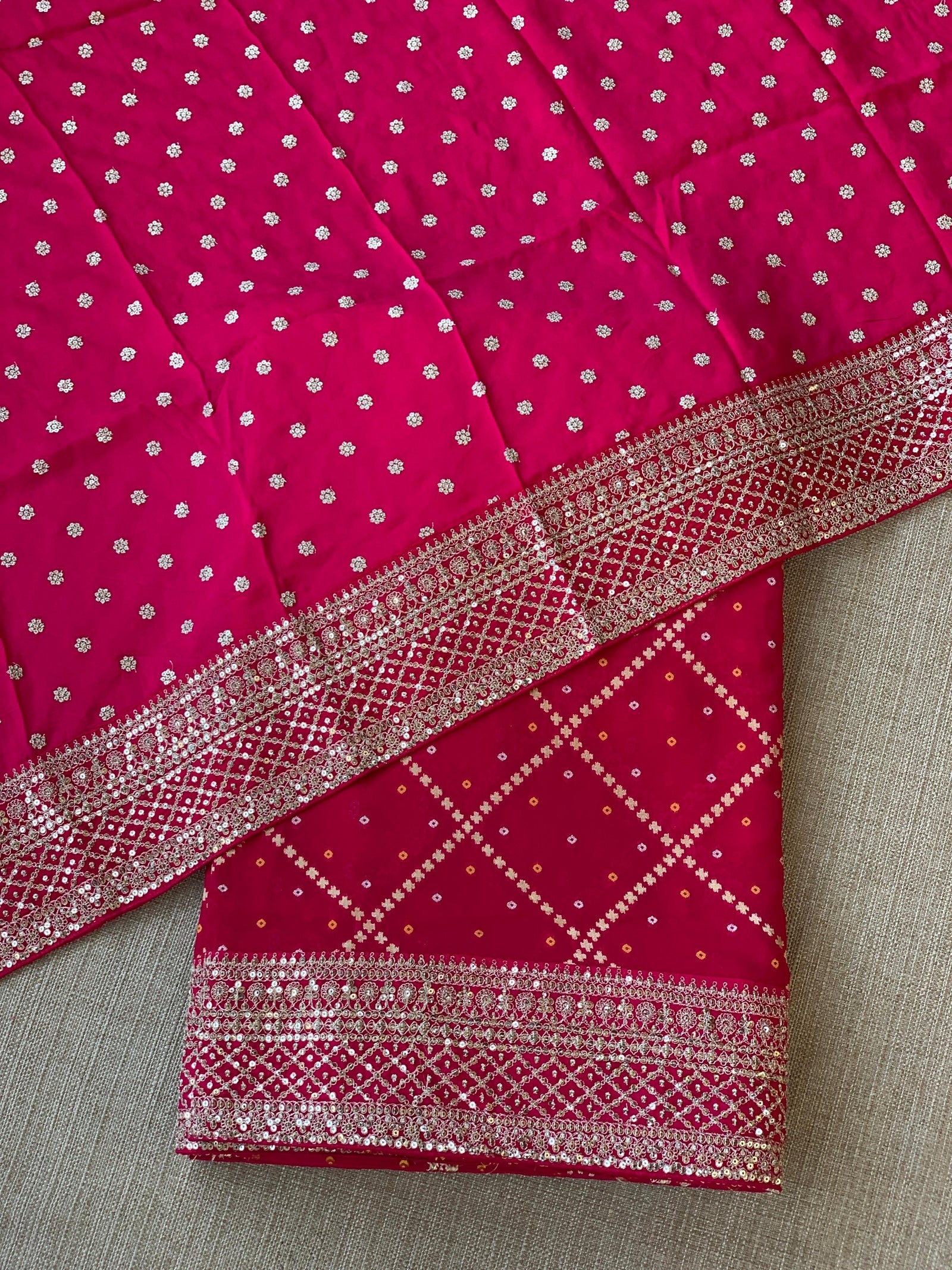 Dark Pink Fancy Banarasi Bandhini georgette saree with sabhyasachi borders and blouse