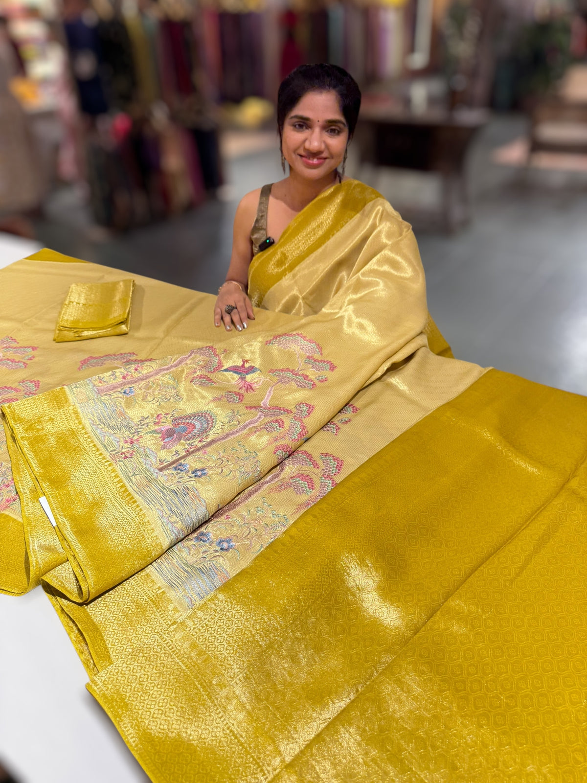 Yellow Banarasi Tonchoi Brocade Saree with Parsi Gara style embroidery