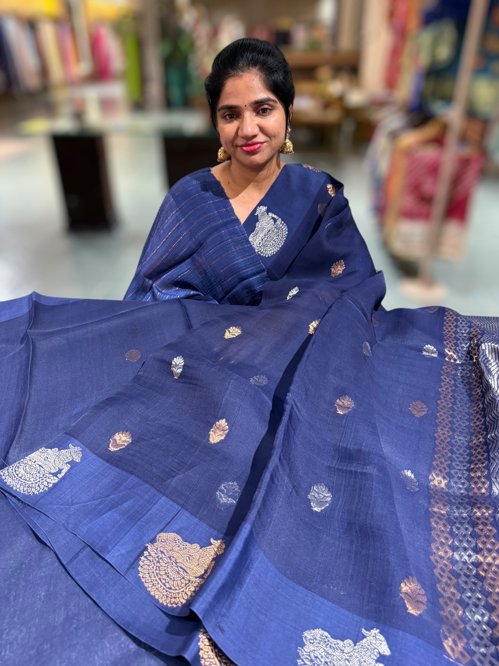 Midnight Blue  kora muslin sarees with kaduwa woven nandi motif border