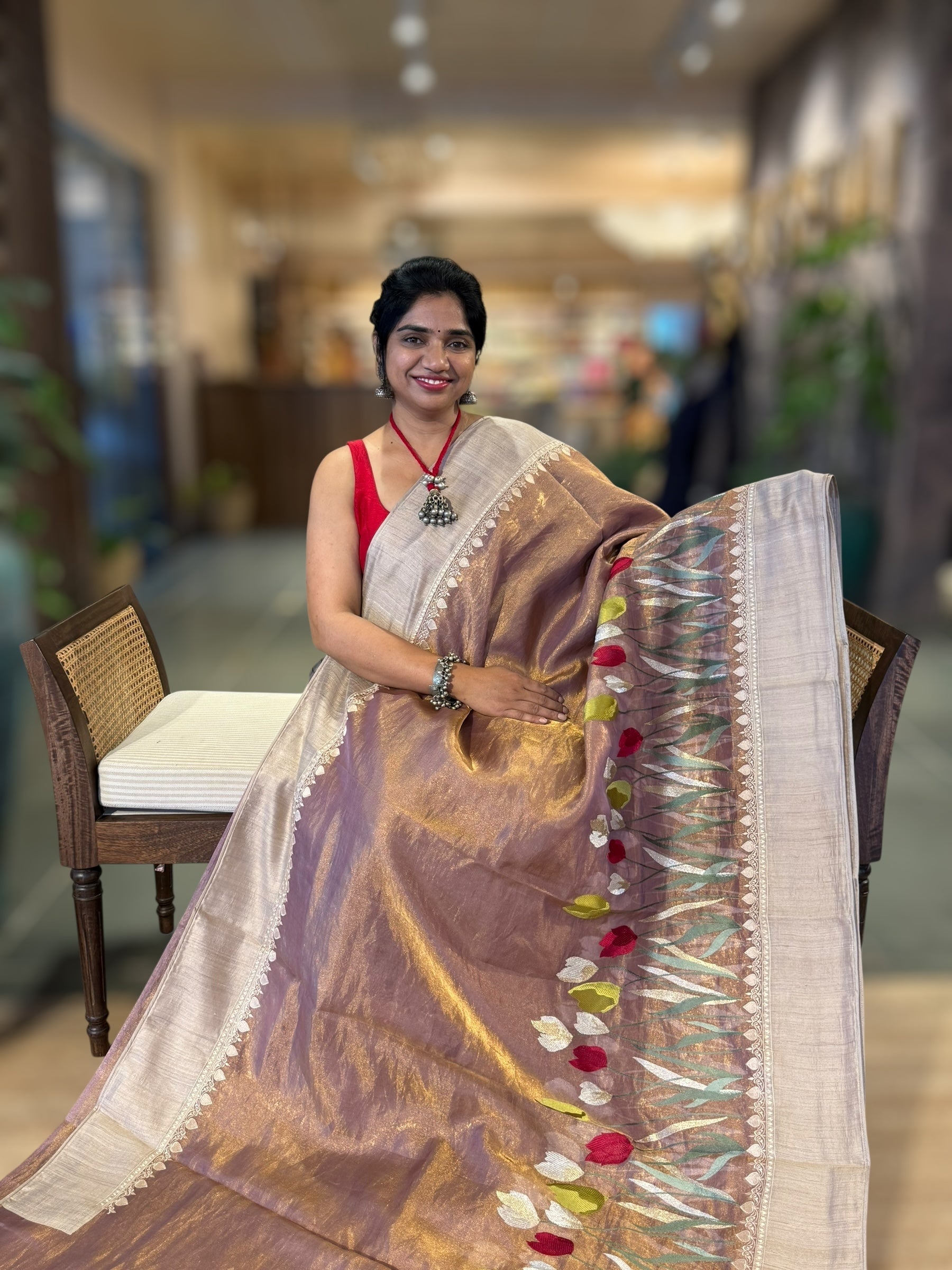Lilac Designer Handloom Tissue Saree With Tulip embroidery
