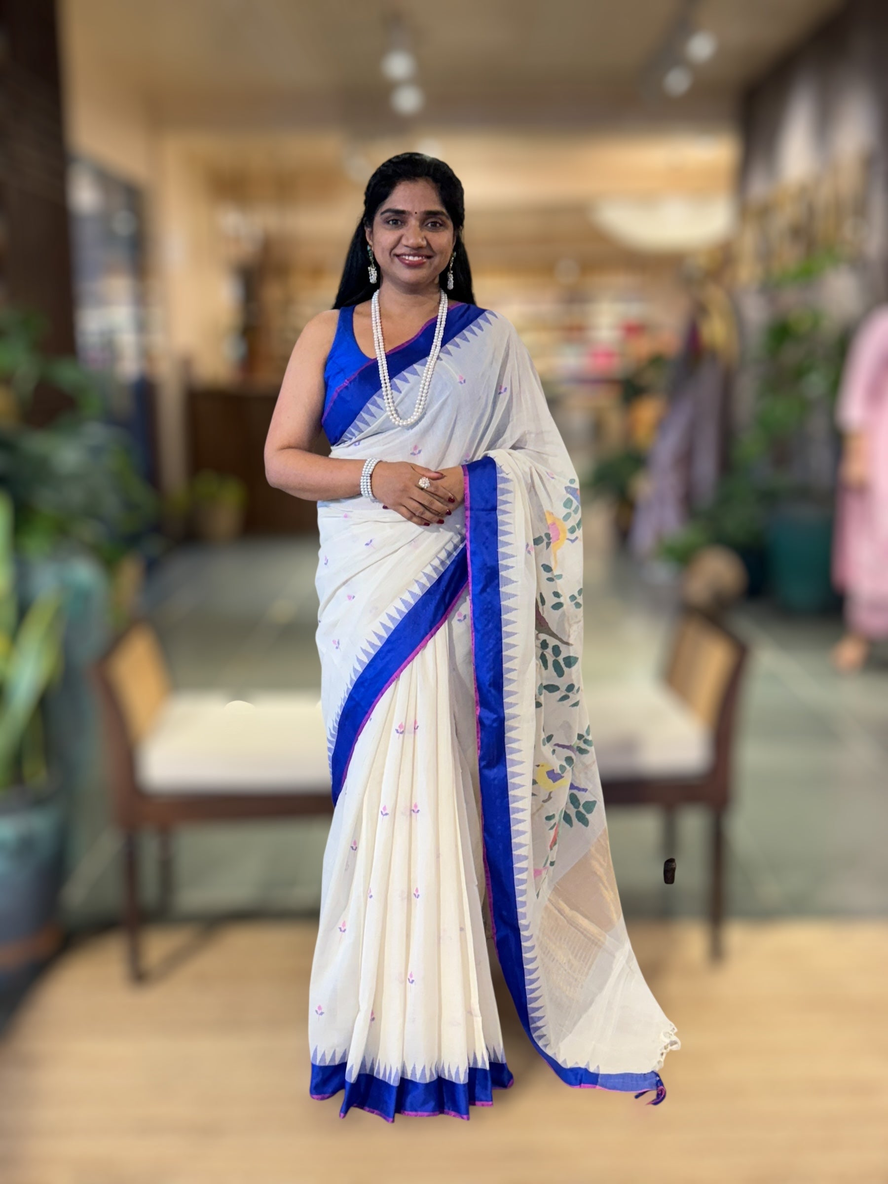 Ivory Ponduru Khadi Saree with Royal Blue Temple Border & Jamdani Bird Pallu