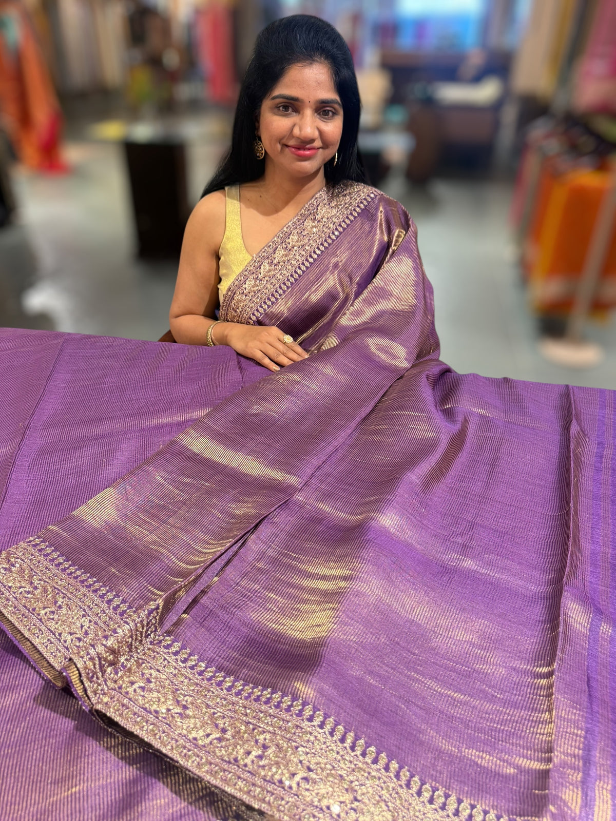 Purple kora Muslin Tissue fusion saree