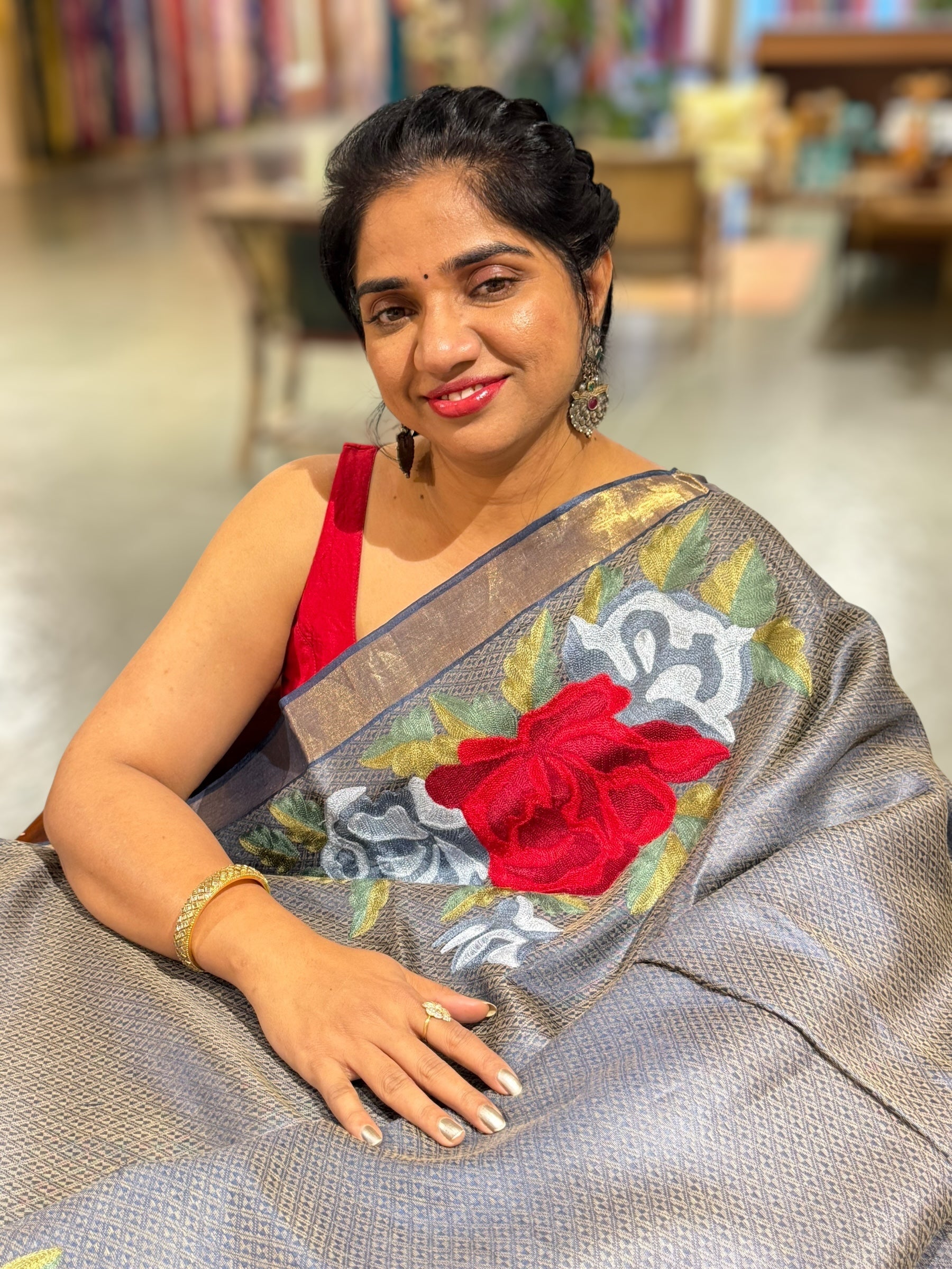 Navy Tussar Brocade Saree With Statement Red Rose Embroidery.