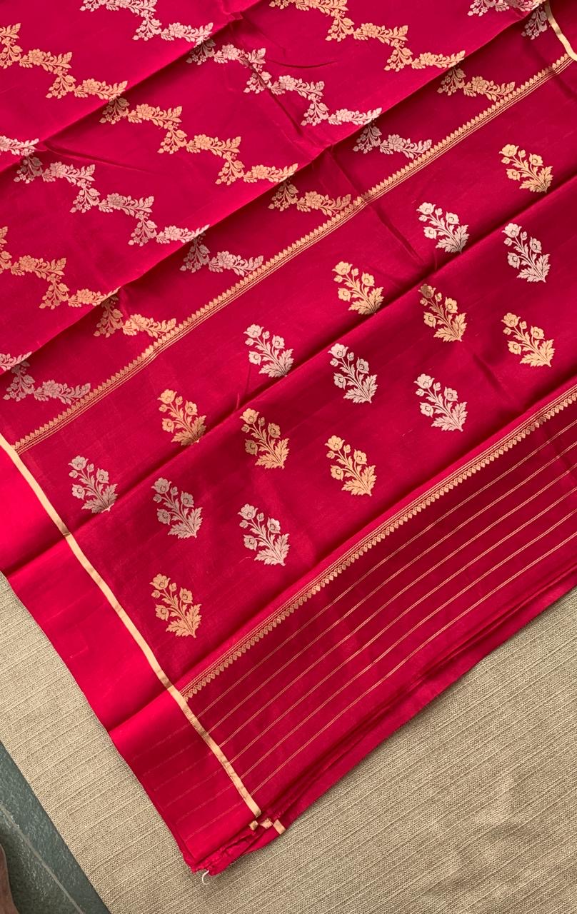 Ruby Pink Raw Mangoe Silk Saree in half and half style