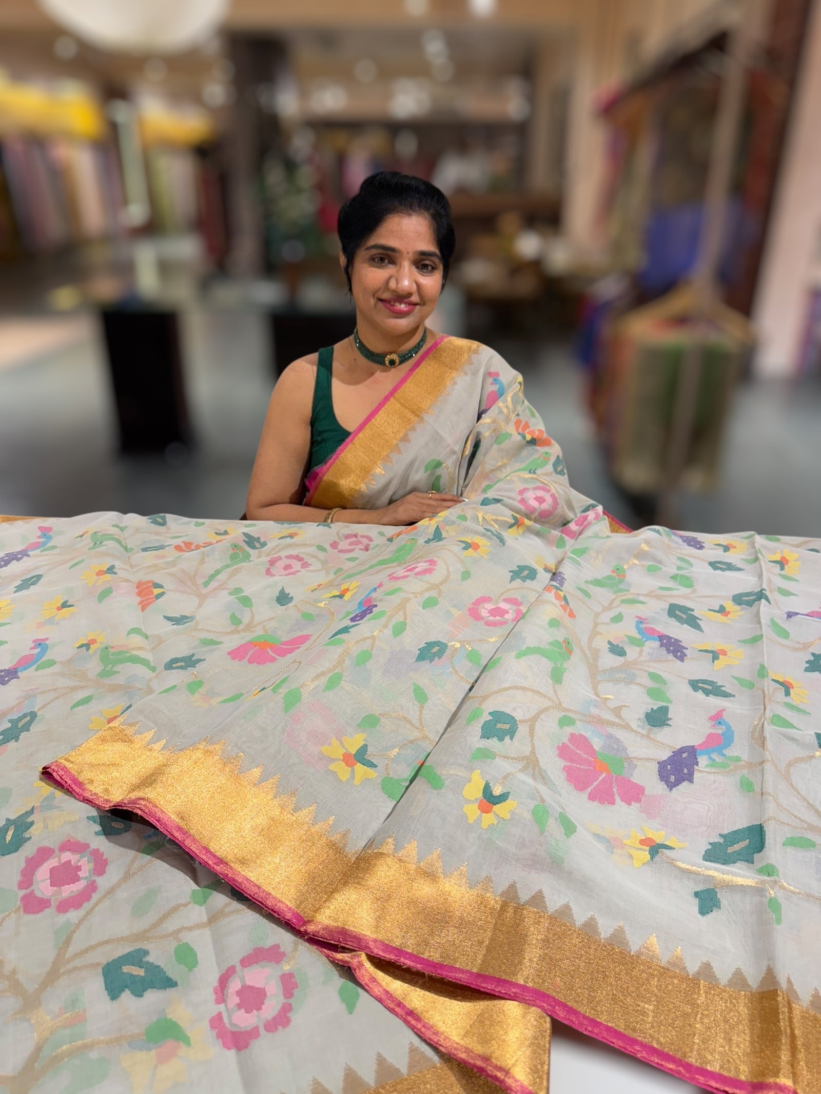 Ponduru Khadi Jamdani Allover multi Meenakari Weaving Saree With Premium 60/60 Count