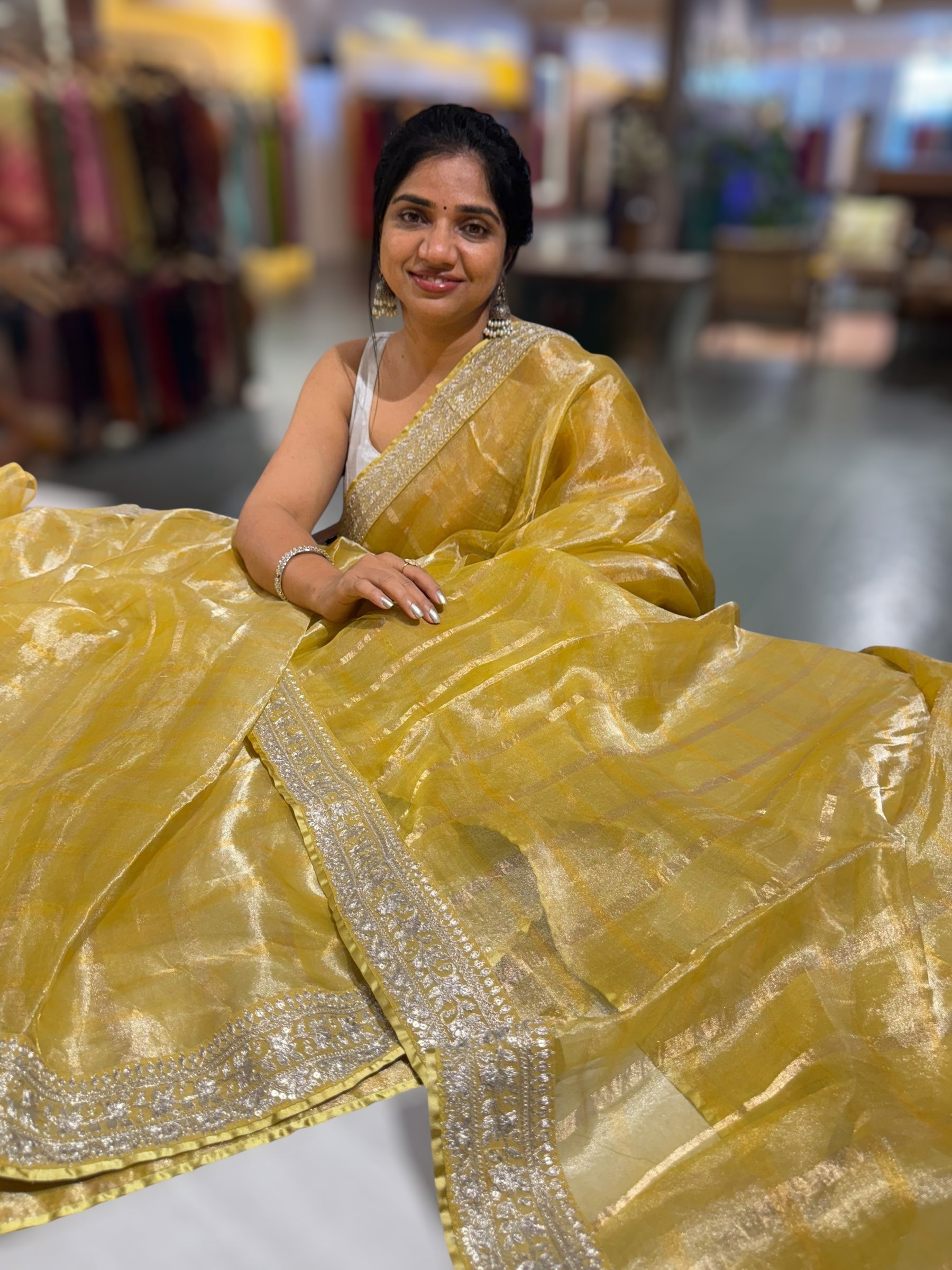 Lemon Yellow Banarasi Tissue checks Saree with Sabyasachi Borders