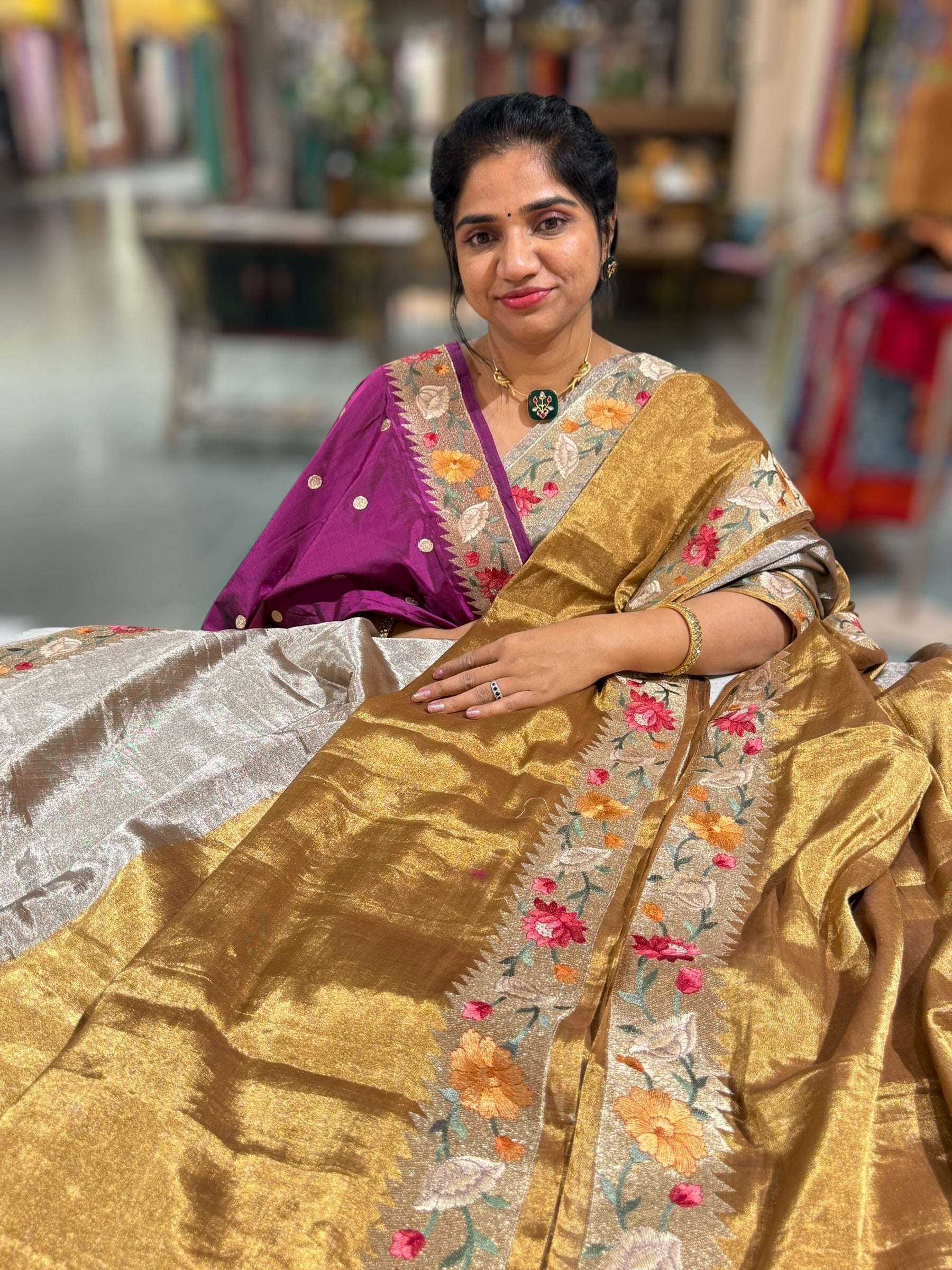 Handloom Tissue Saree with Paithani inspired embroidered border.