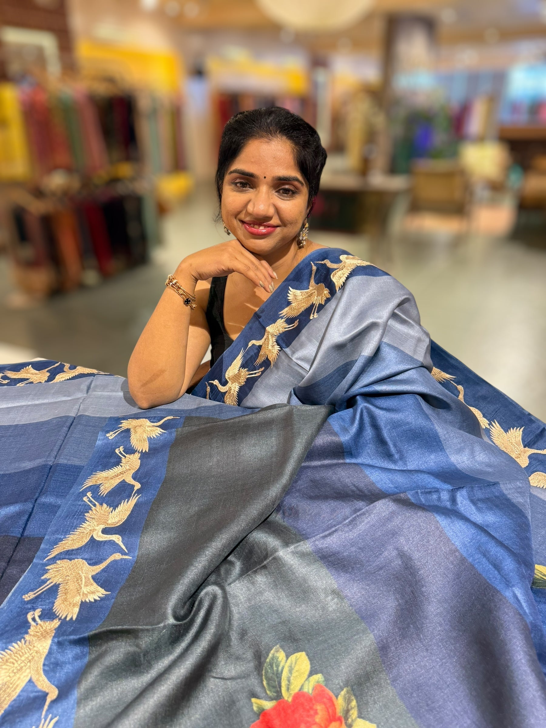 Tussar Rangkaat Saree With Crane Bird  Embroidered Border