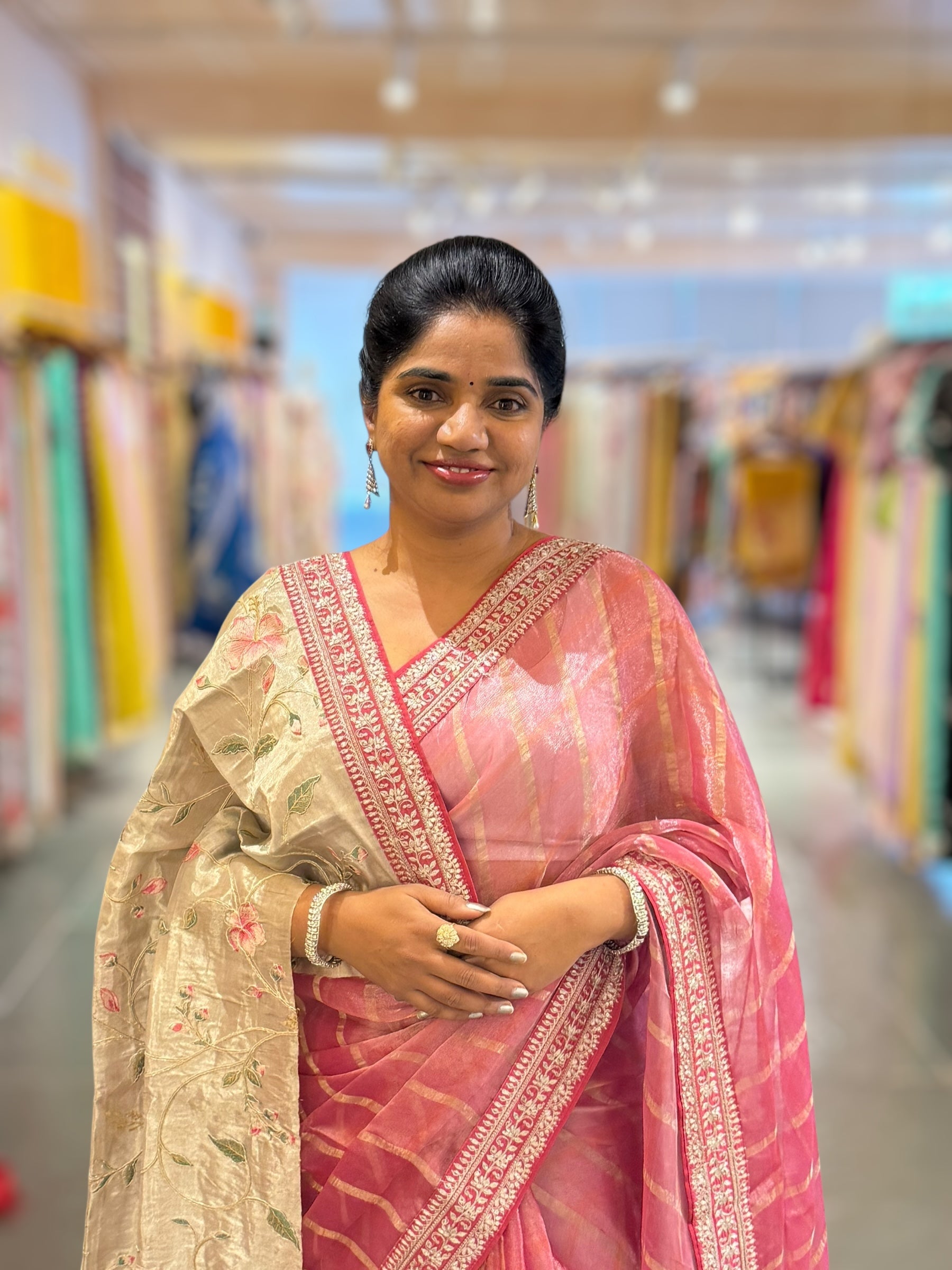 Coral Pink Pure Handloom Tissue checks Saree with sabyasachi borders