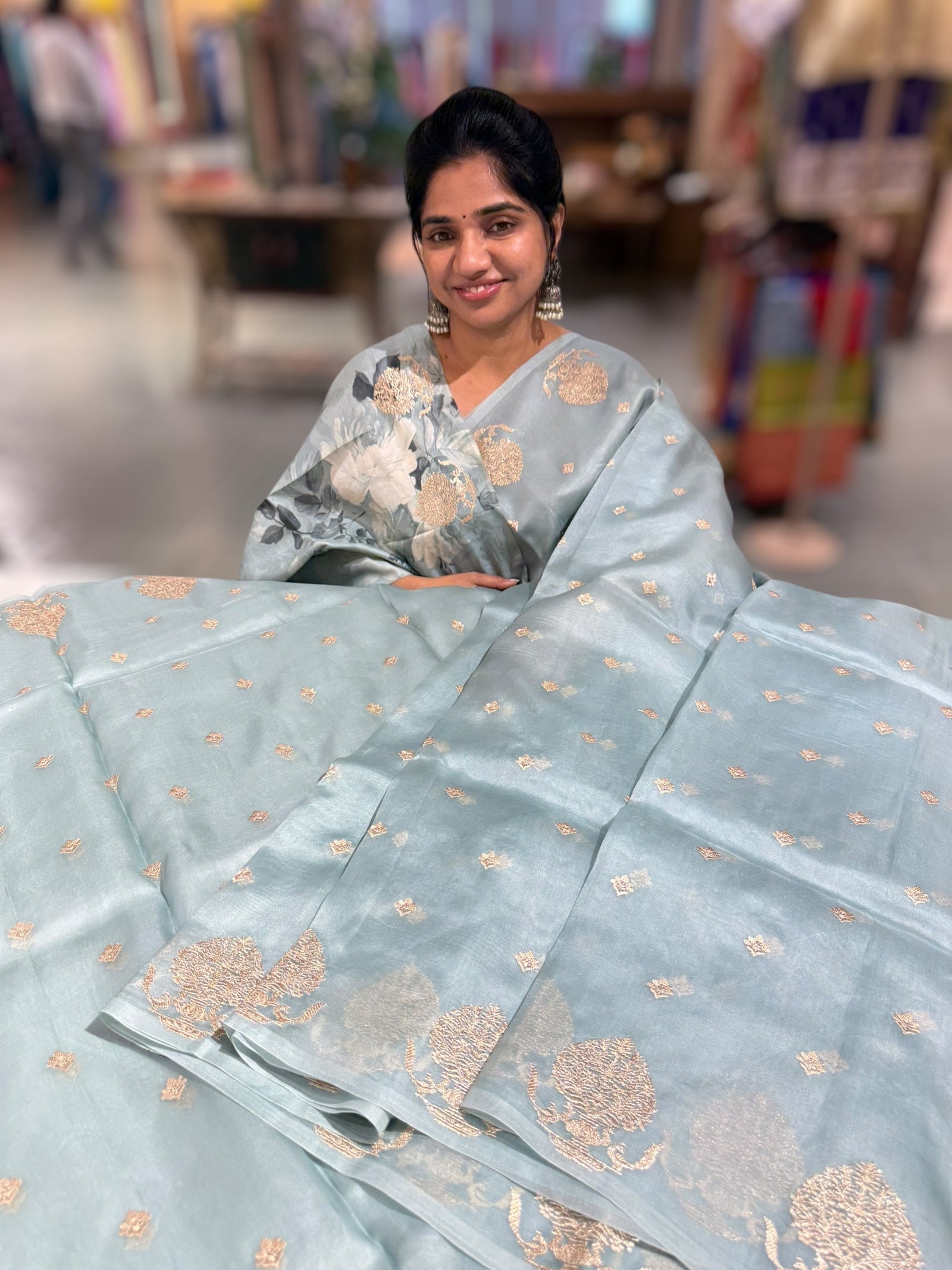 Powder Blue Organza Saree With Embroidered Motifs & Tussar Printed Blouse