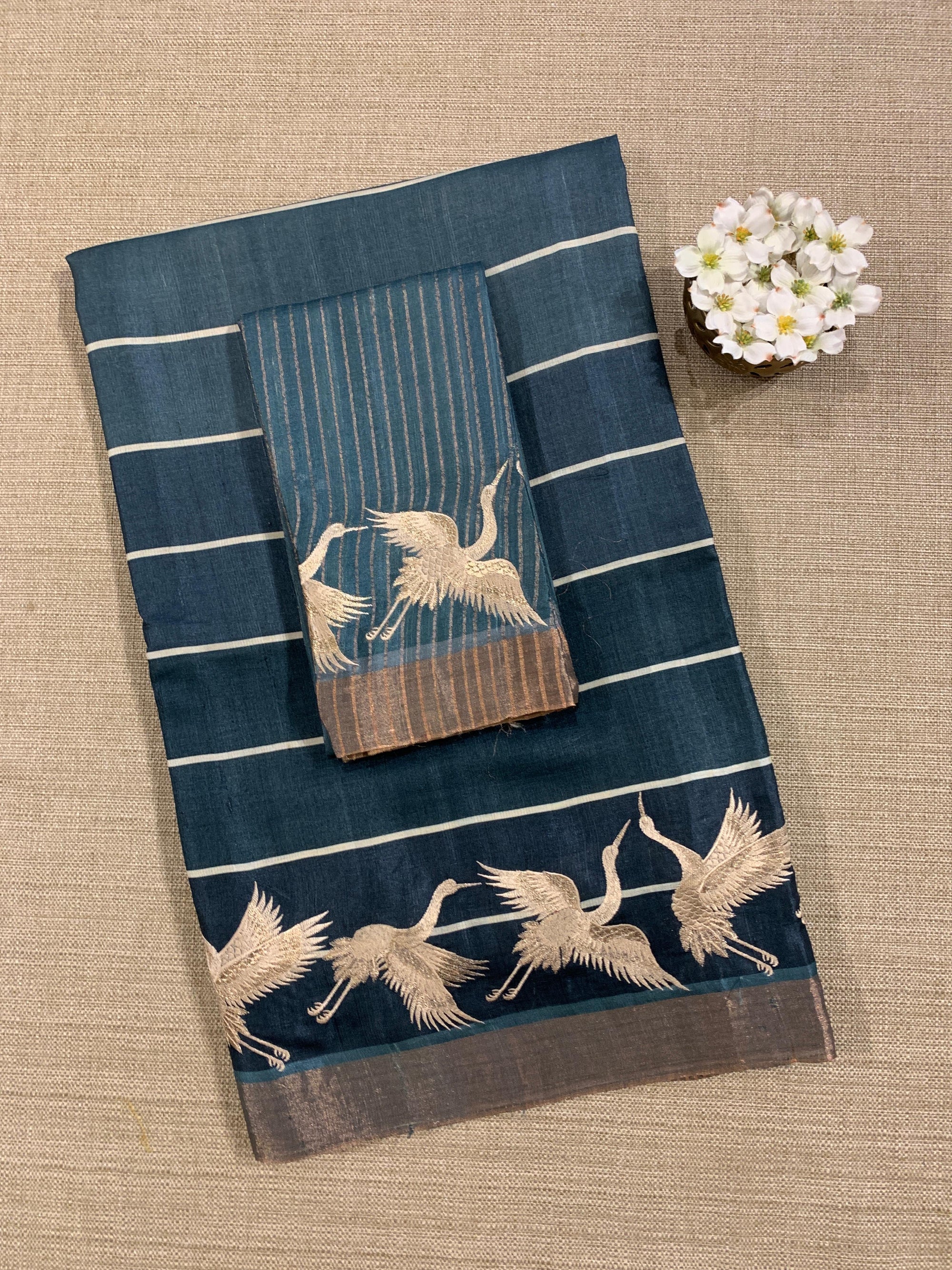 Tussar Rangkaat Saree With Crane Bird  Embroidered Border