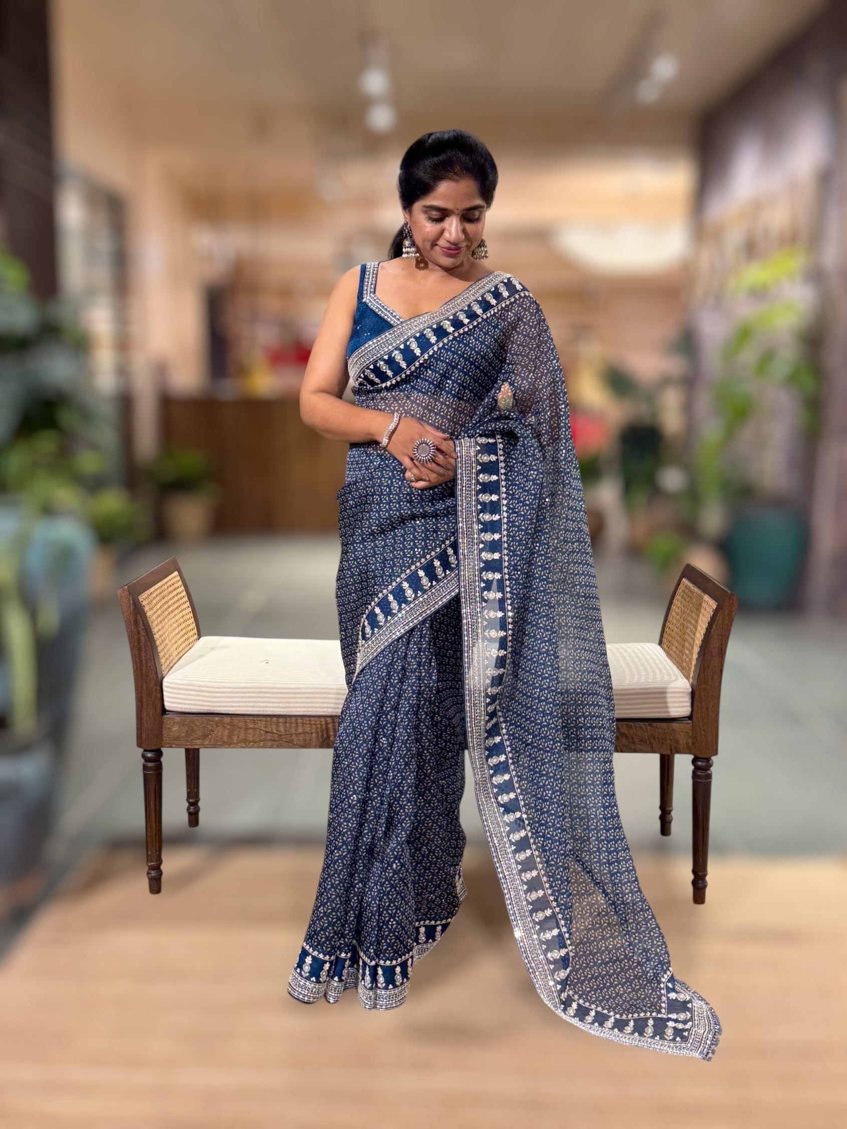 Kareena Kapoor Inspired Indigo Pure Organza Printed Saree with Handwork border and Blouse