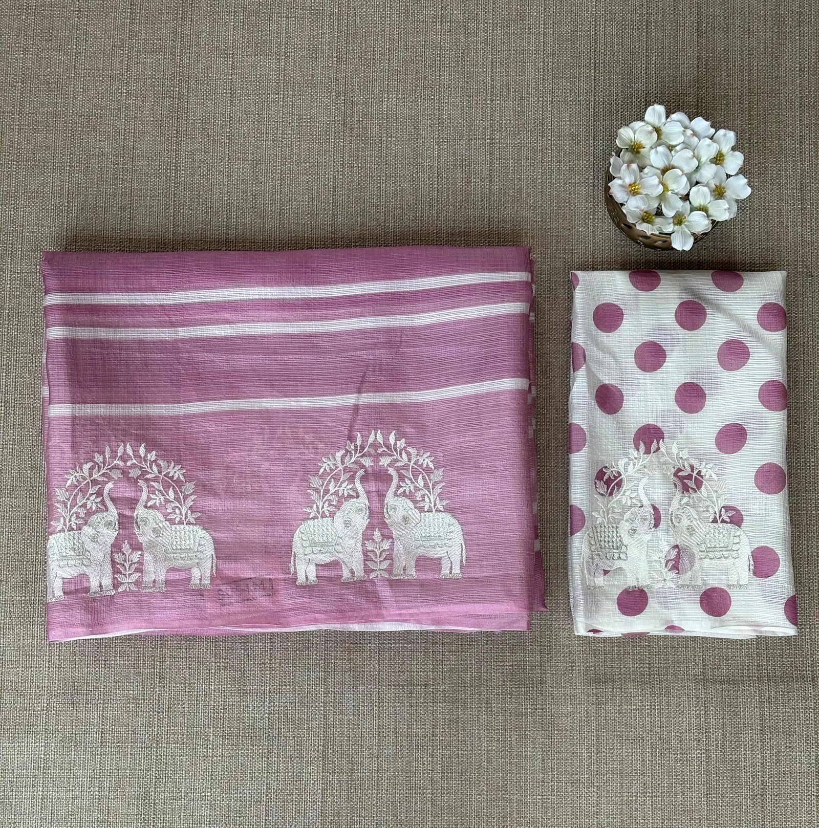 Dusty Pink Designer Silk kota saree with elephant embroidered border