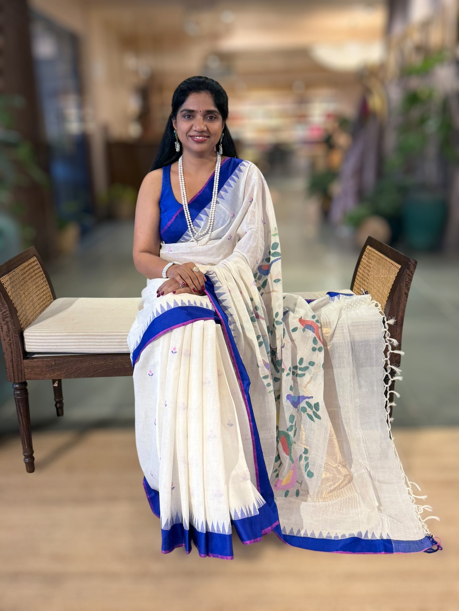 Ivory Ponduru Khadi Saree with Royal Blue Temple Border & Jamdani Bird Pallu