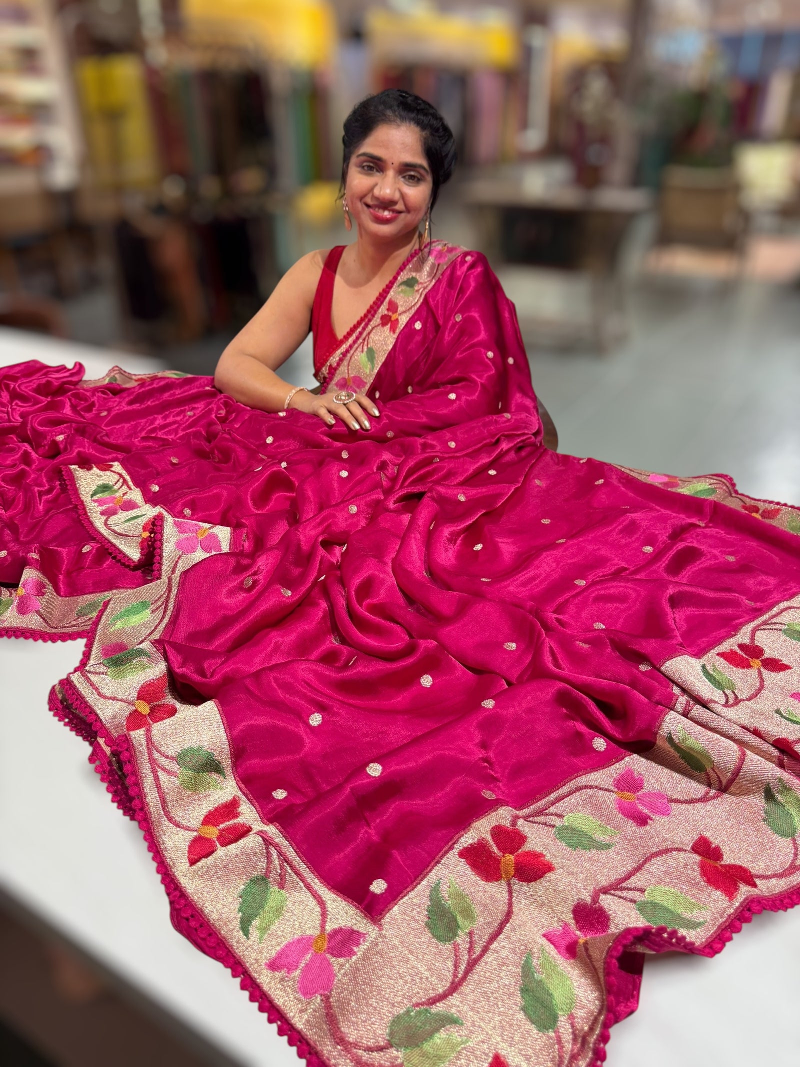 Dark Pink Satin Saree with Paithani Embroidered Border