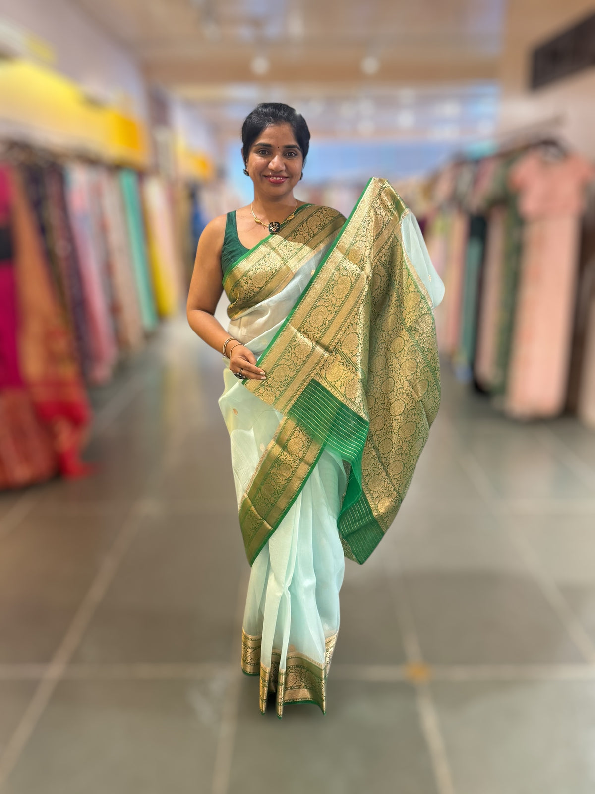 Pastel Blue & Emerald Green combo Pure Handloom premium Kora Banarasi Saree