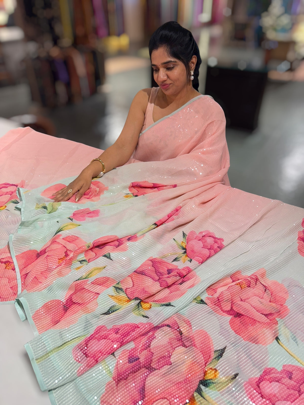 Pink & Blue shaded Georgette sequence Sarees with statement Floral print