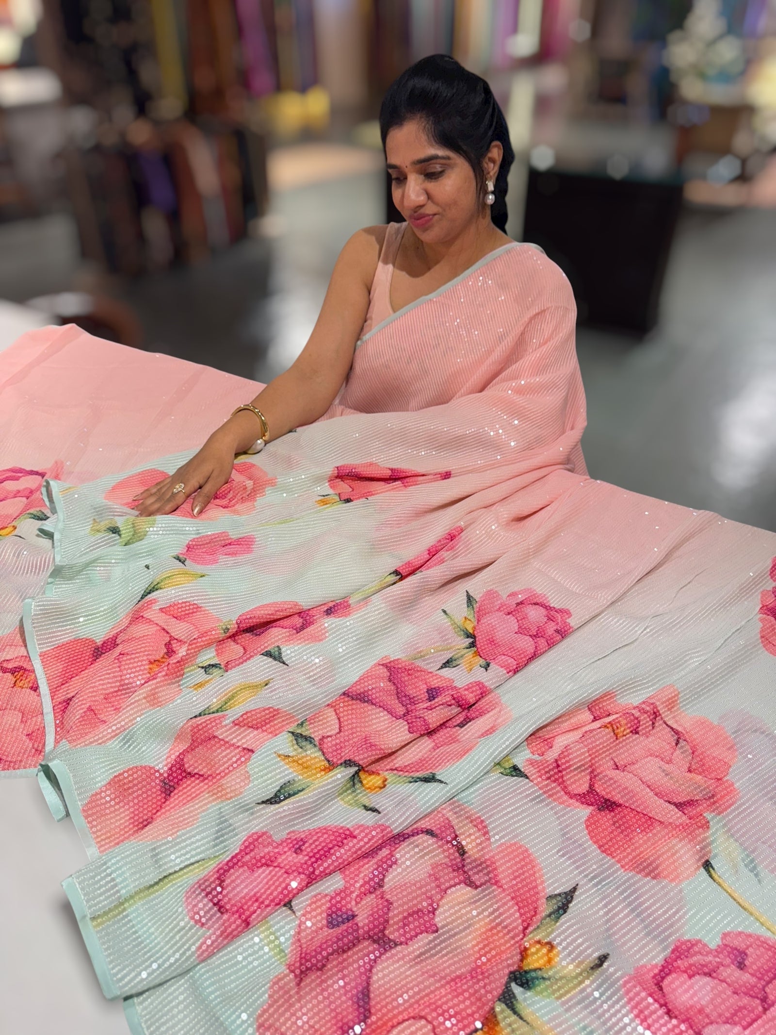 Pink & Blue shaded Georgette sequence Sarees with statement Floral print