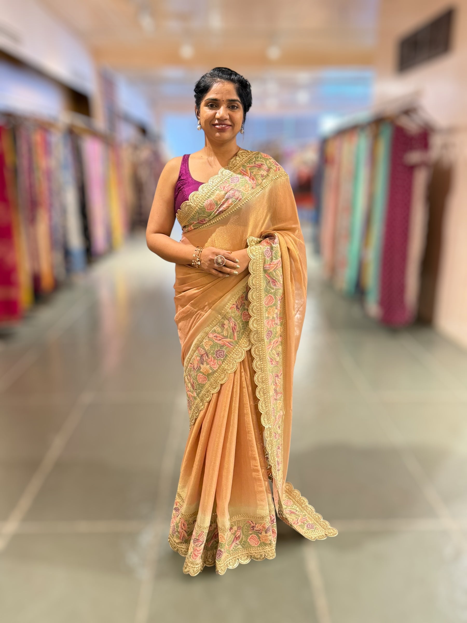 Peach Tissue Gorgette Saree With Petite Point Embroidered Border