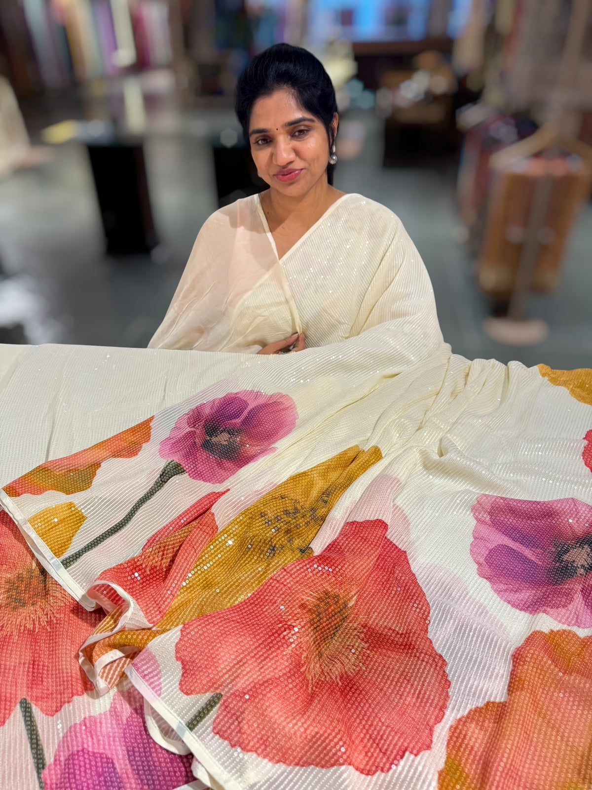 Ivory Georgette sequence Sarees with statement Floral print