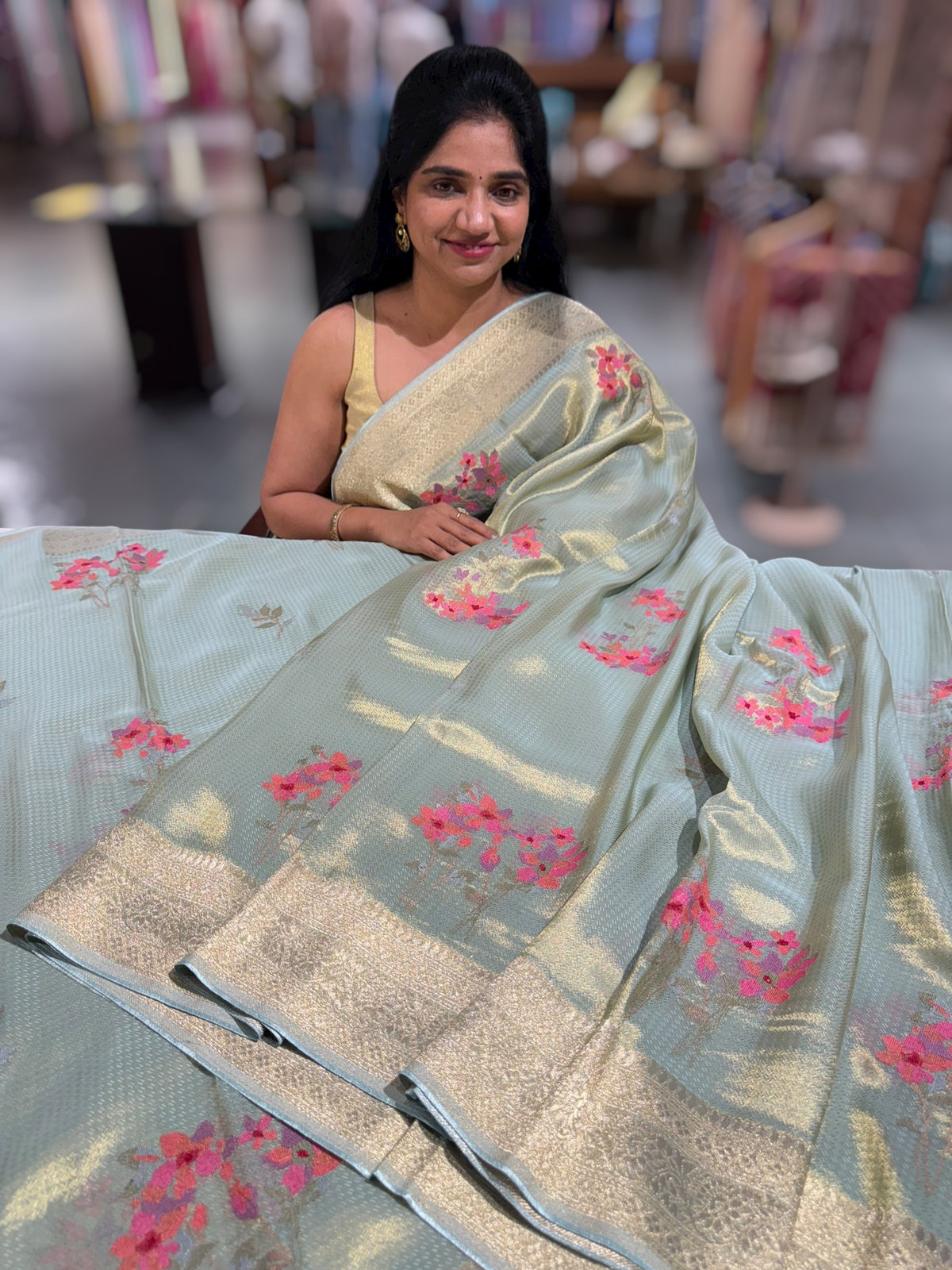 Mint Blue Fancy Banarasi tissue tonchoi weaving saree with embroidery