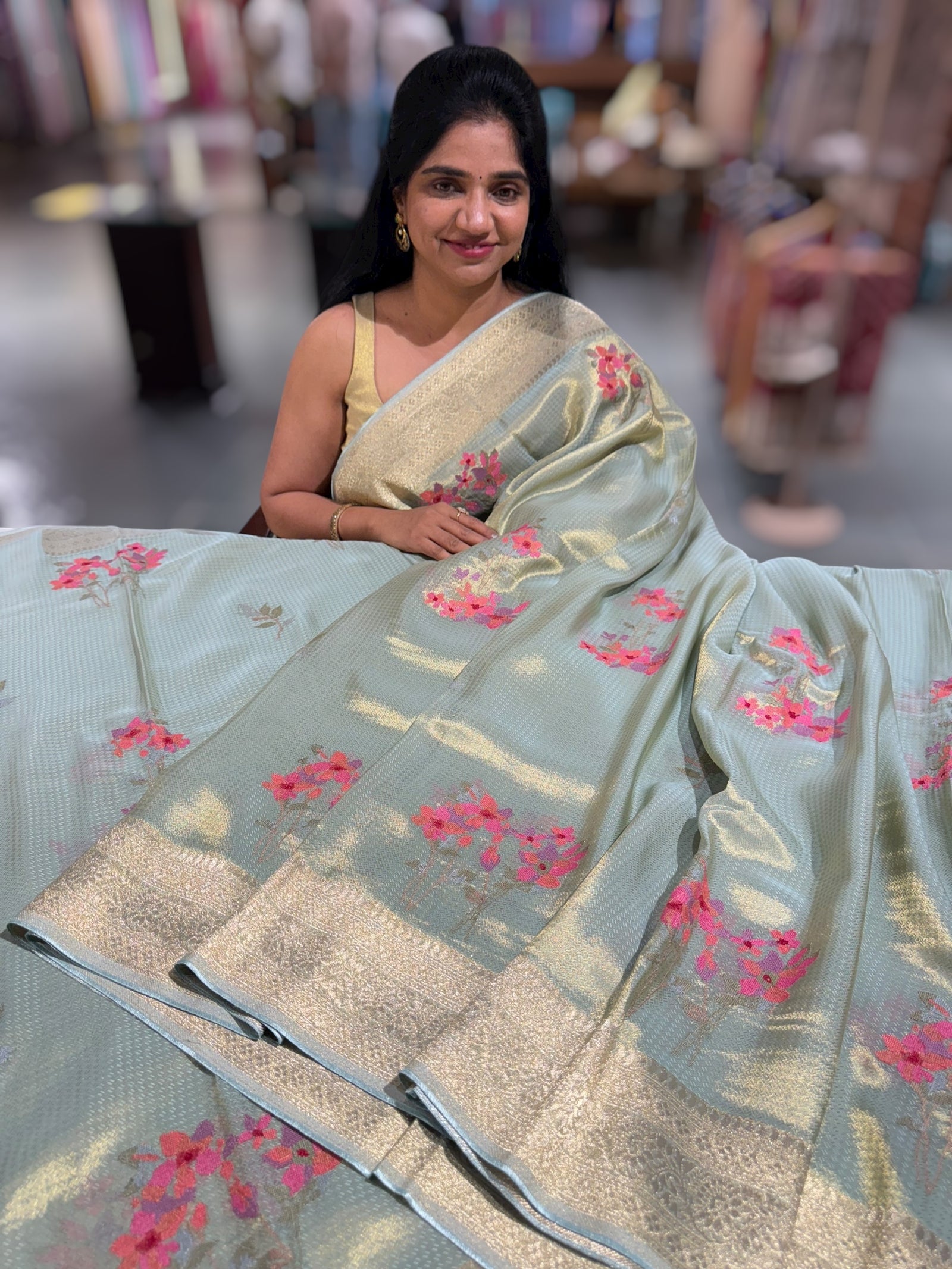 Mint Blue Fancy Banarasi tissue tonchoi weaving saree with embroidery