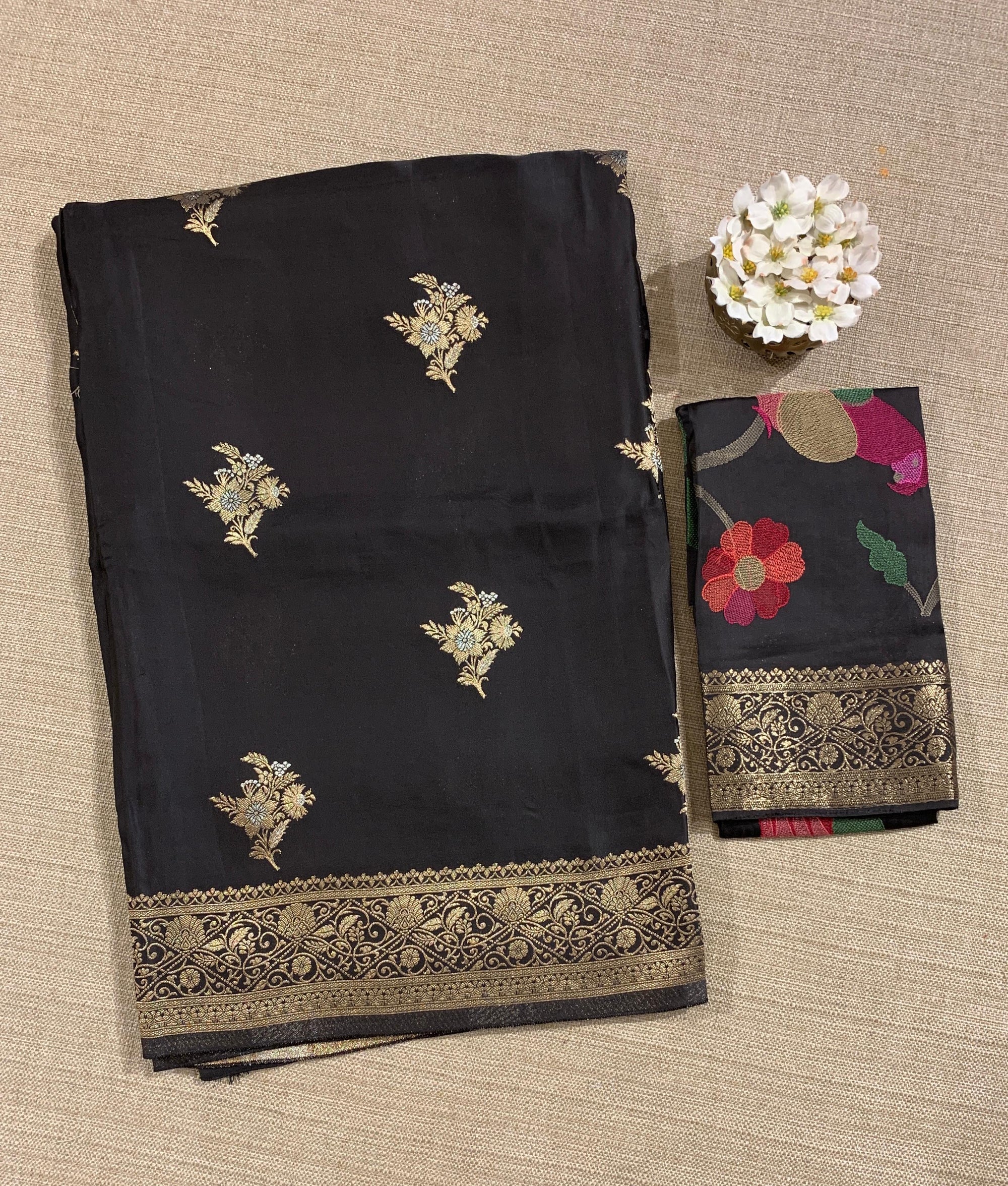 Black Mashru Silk Saree with Paithani inspired embroidered blouse