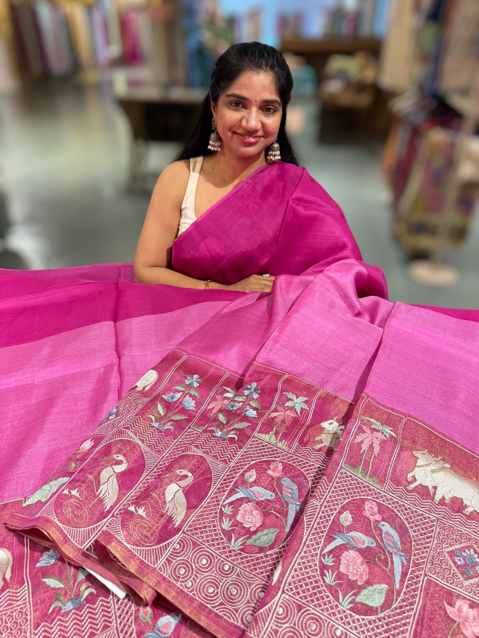 Majenta Pink Kora-Tussar blend Handloom Saree with Tissue embroidered Skirt Border