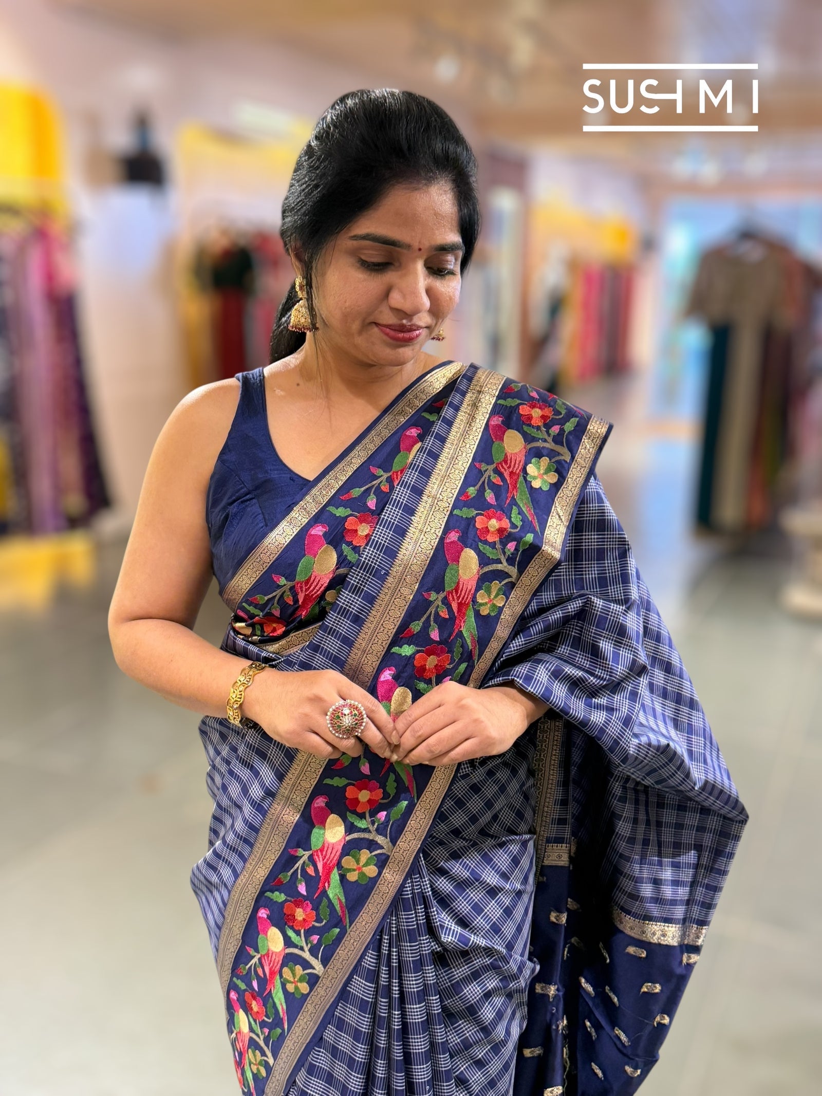 Midnight Blue Vintage checks Kanjeevaram soft silk saree with embroidery D62F040
