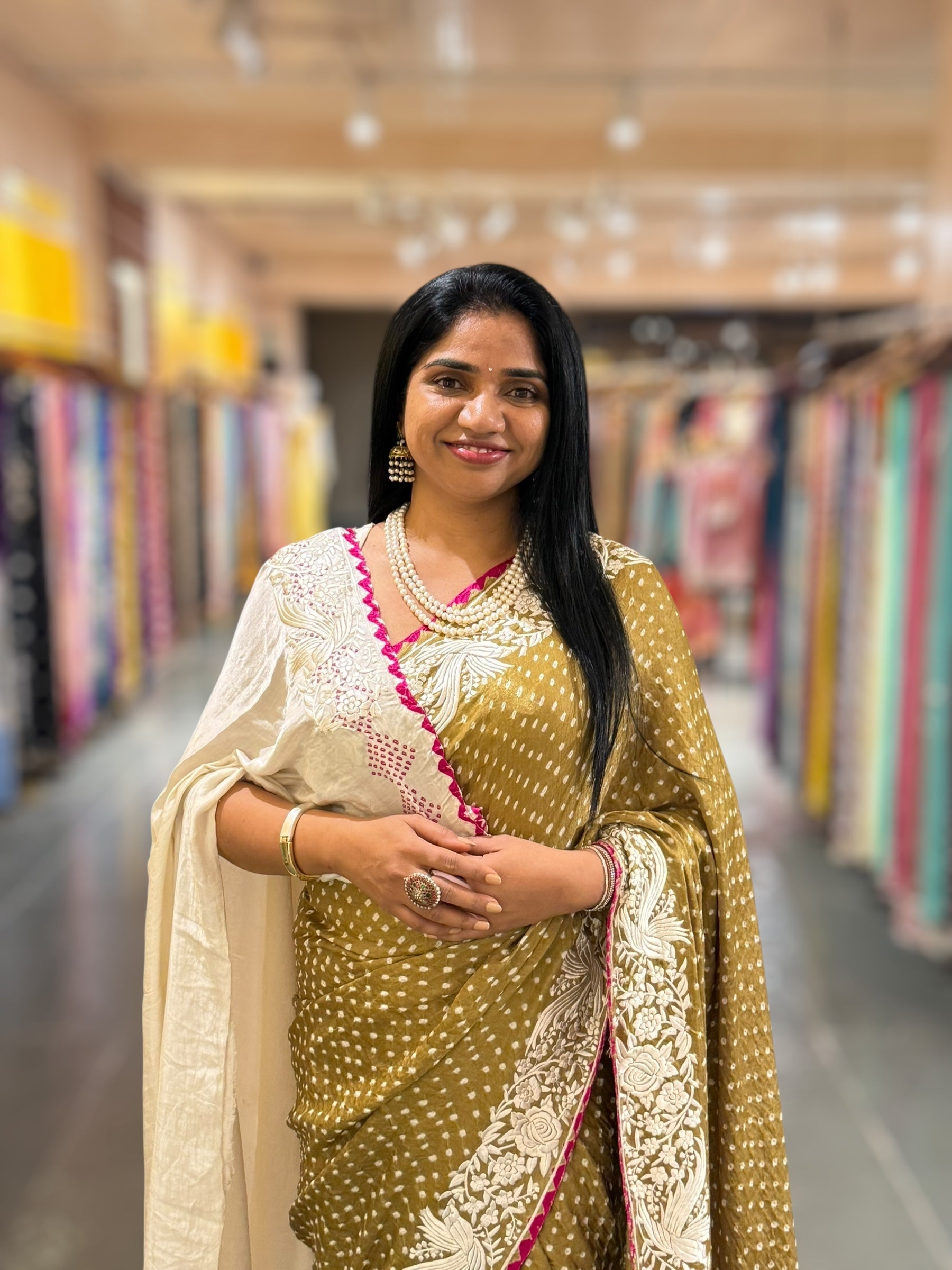 Mehendi Green Pure Gajji Silk Bandhej Saree With Parsi Gara Embroidered Border.