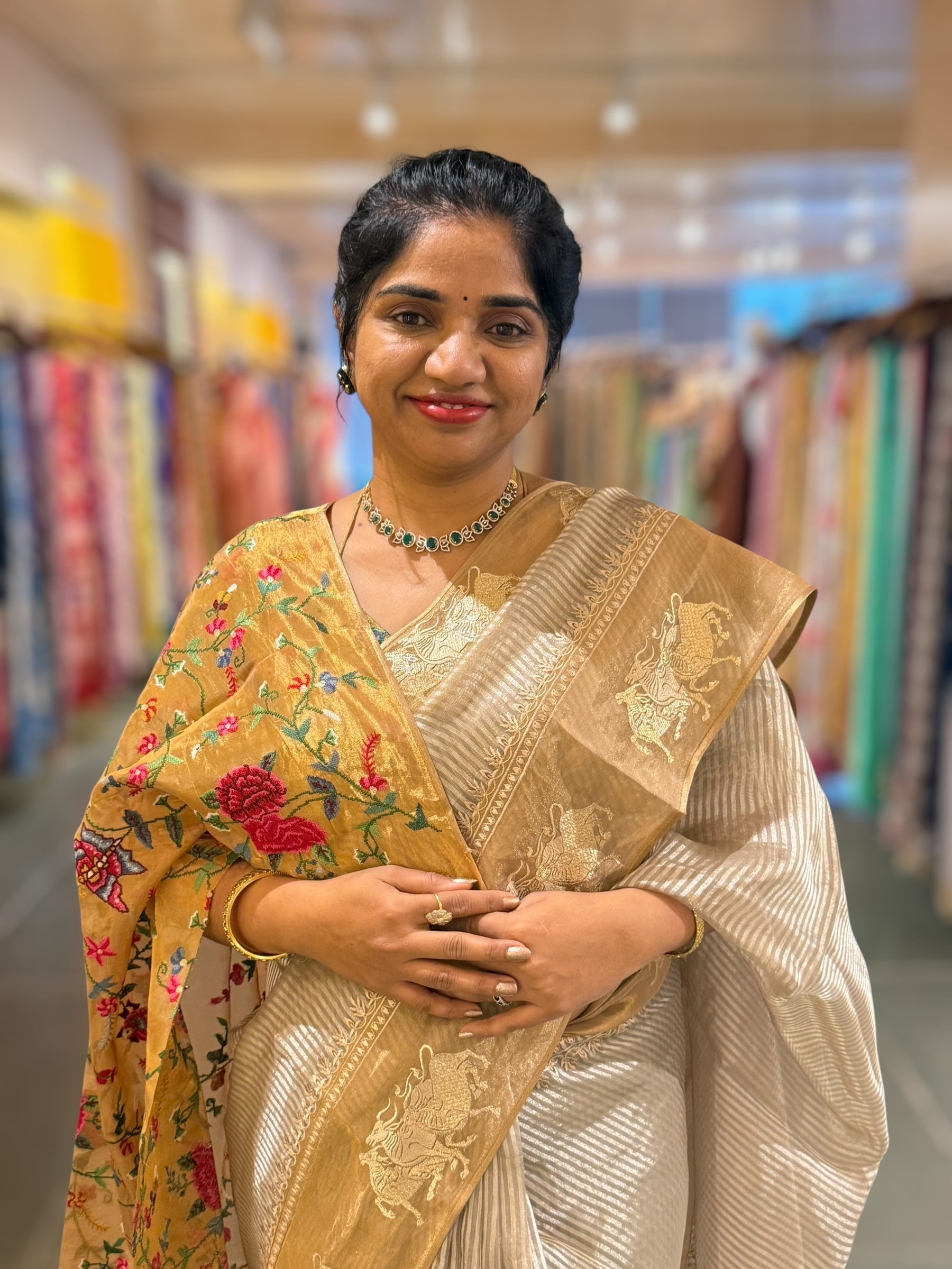 Earthy Grey Kora tissue stripes Saree with Nandi embroidered tissue border