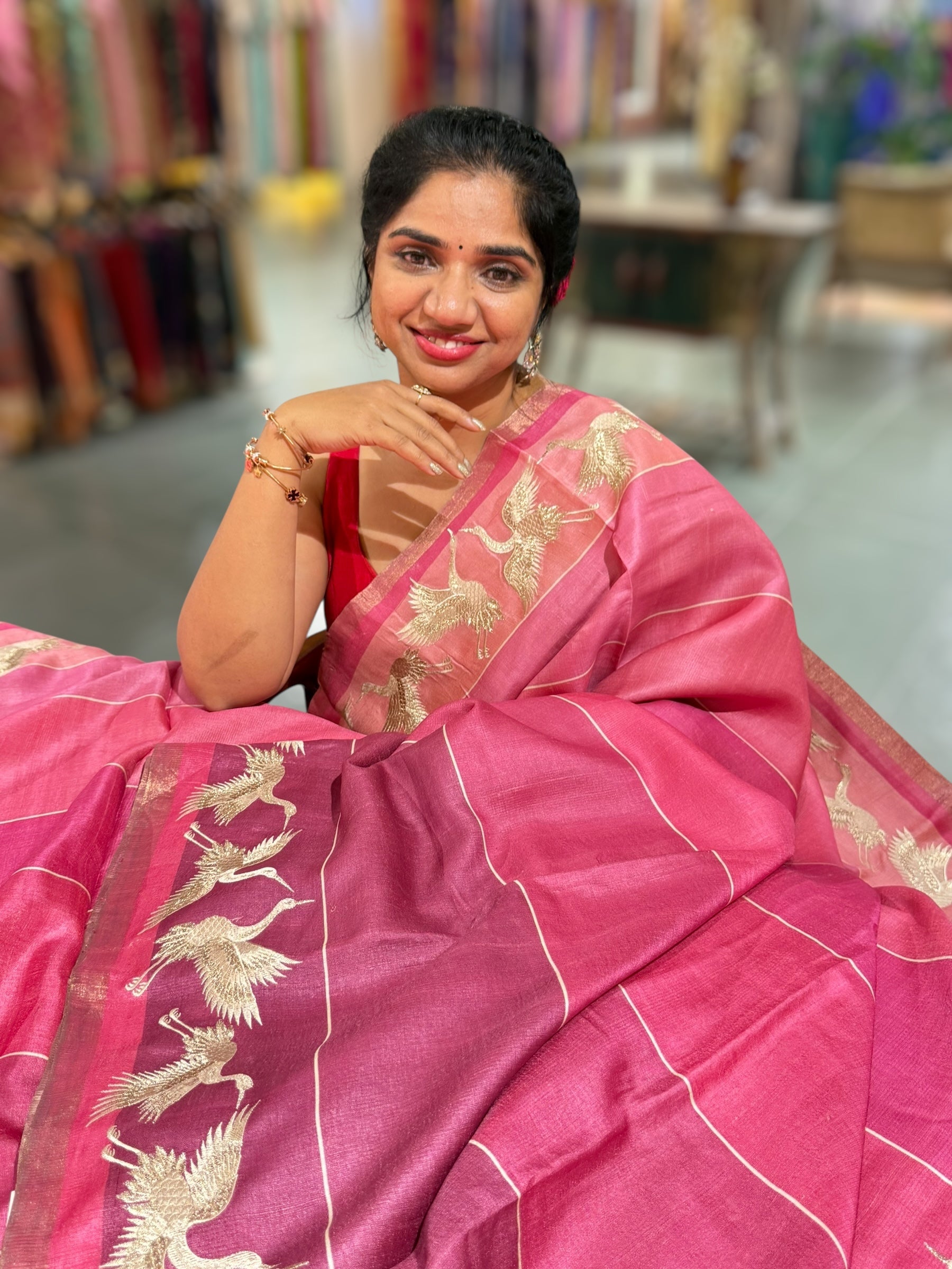 Tussar Rangkaat Saree With Crane Bird  Embroidered Border