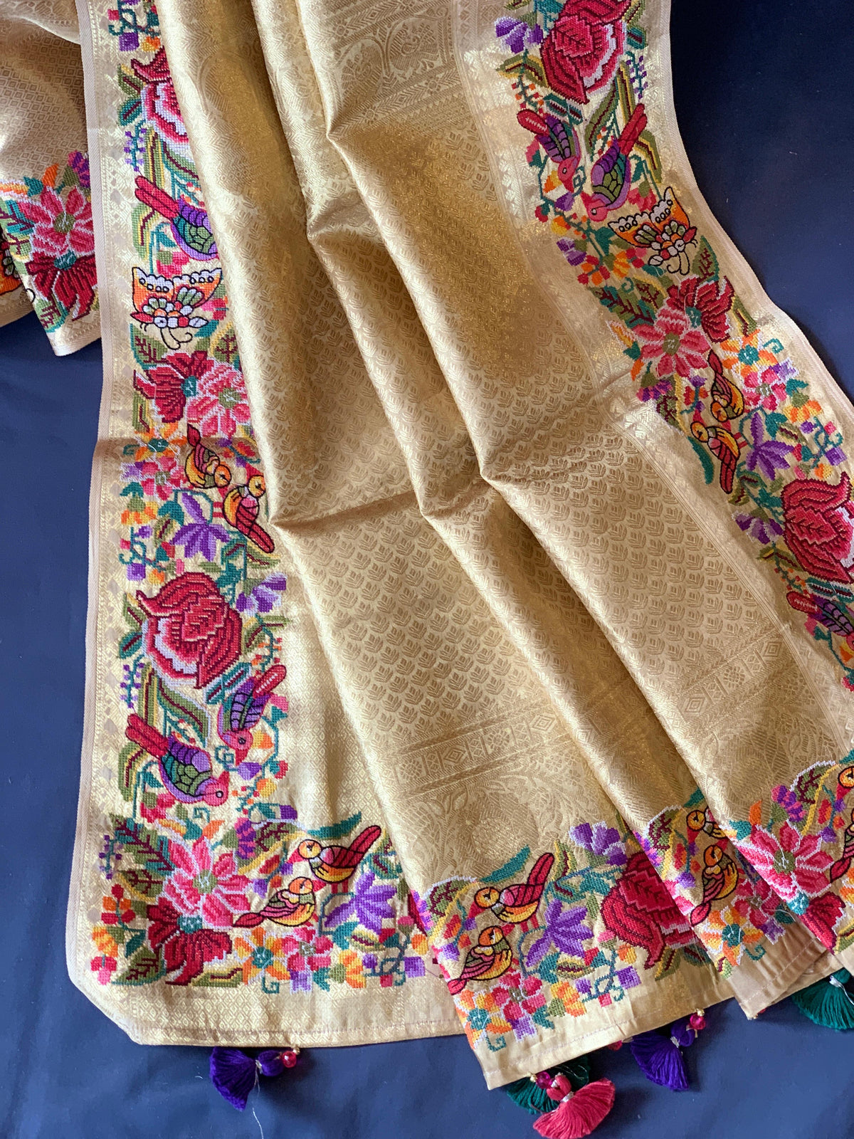 Gold Kanjeevaram Tissue Sareewith petite point embroidery : S62F087