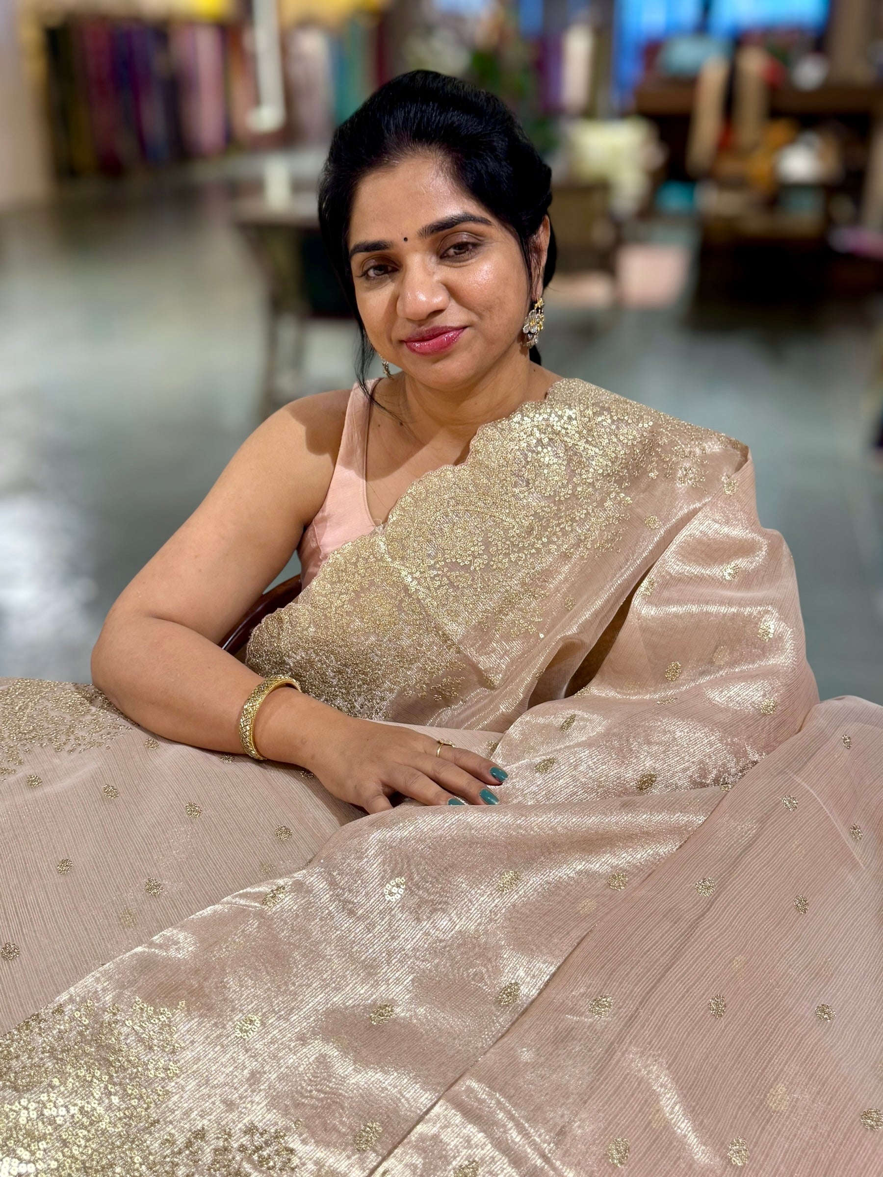 Pastel Pink Tissue Saree with Heavy Sequence Embroidered Scallop Border
