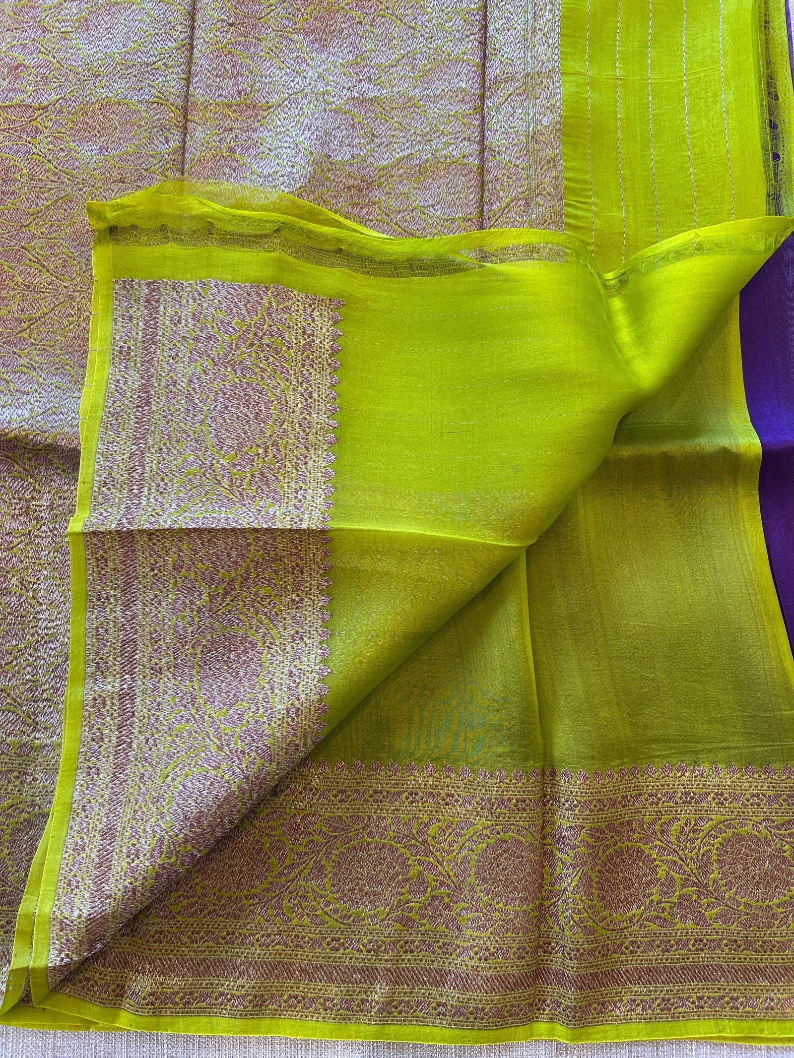 Brinjal & Neon Green Combo Pure Handloom premium Kora Banarasi Saree