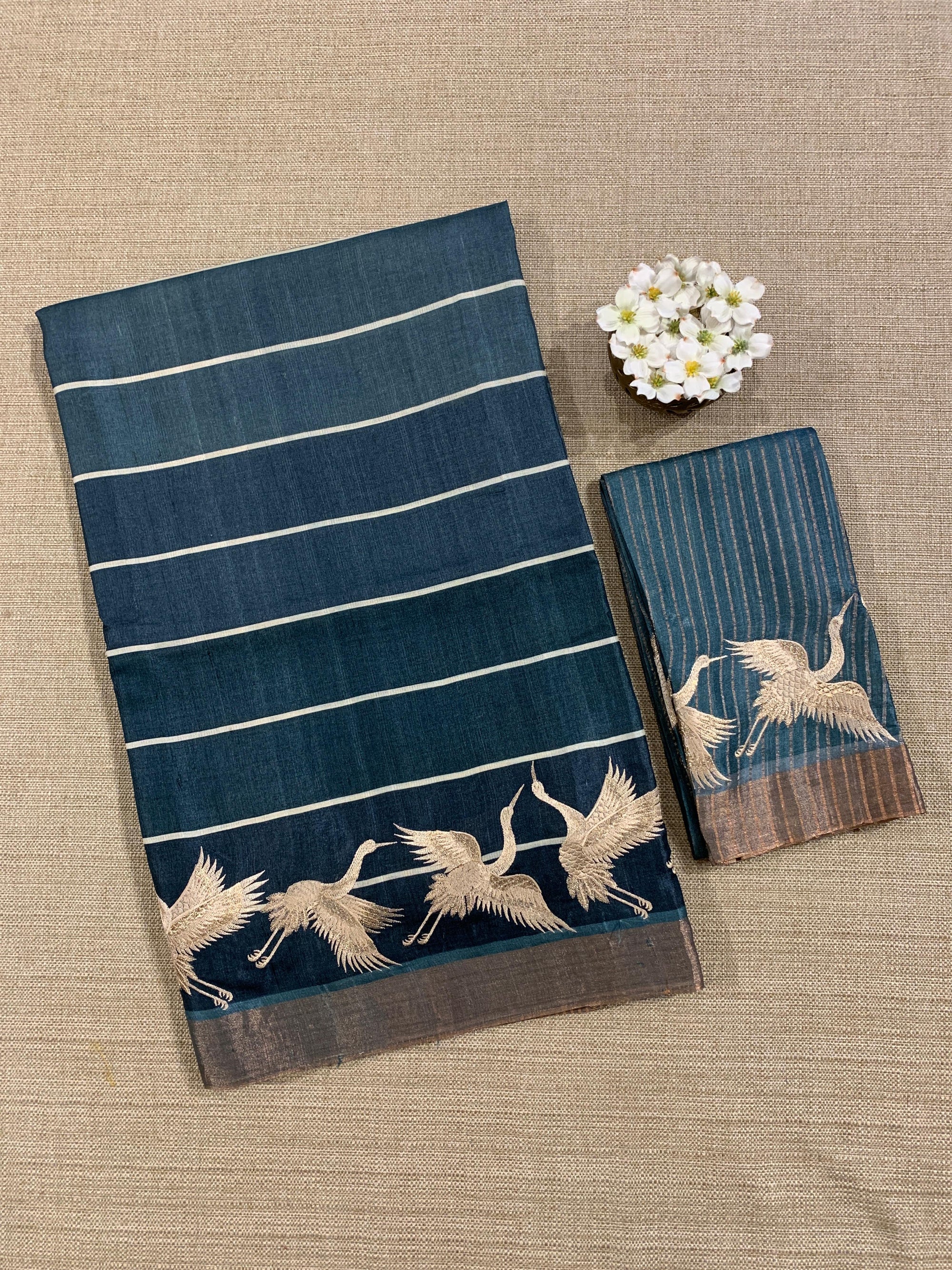Tussar Rangkaat Saree With Crane Bird  Embroidered Border