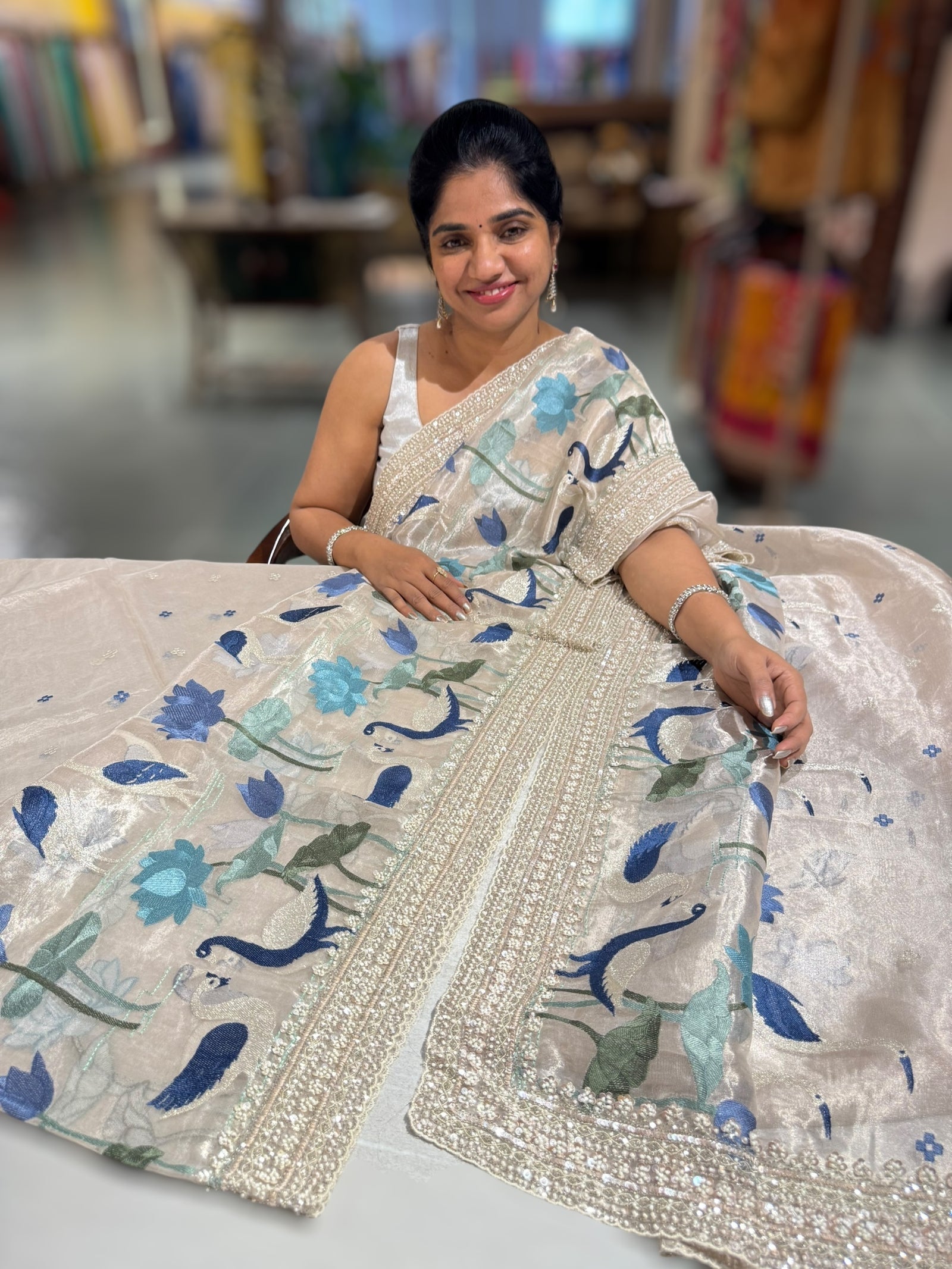 Silver Tissue Designer Saree with heavy handwork and embroidery