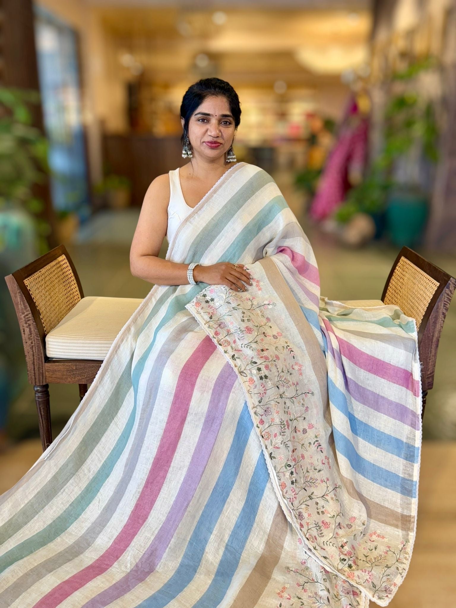 Lenin Saree with Multi Colors stripes and Embroidered Border