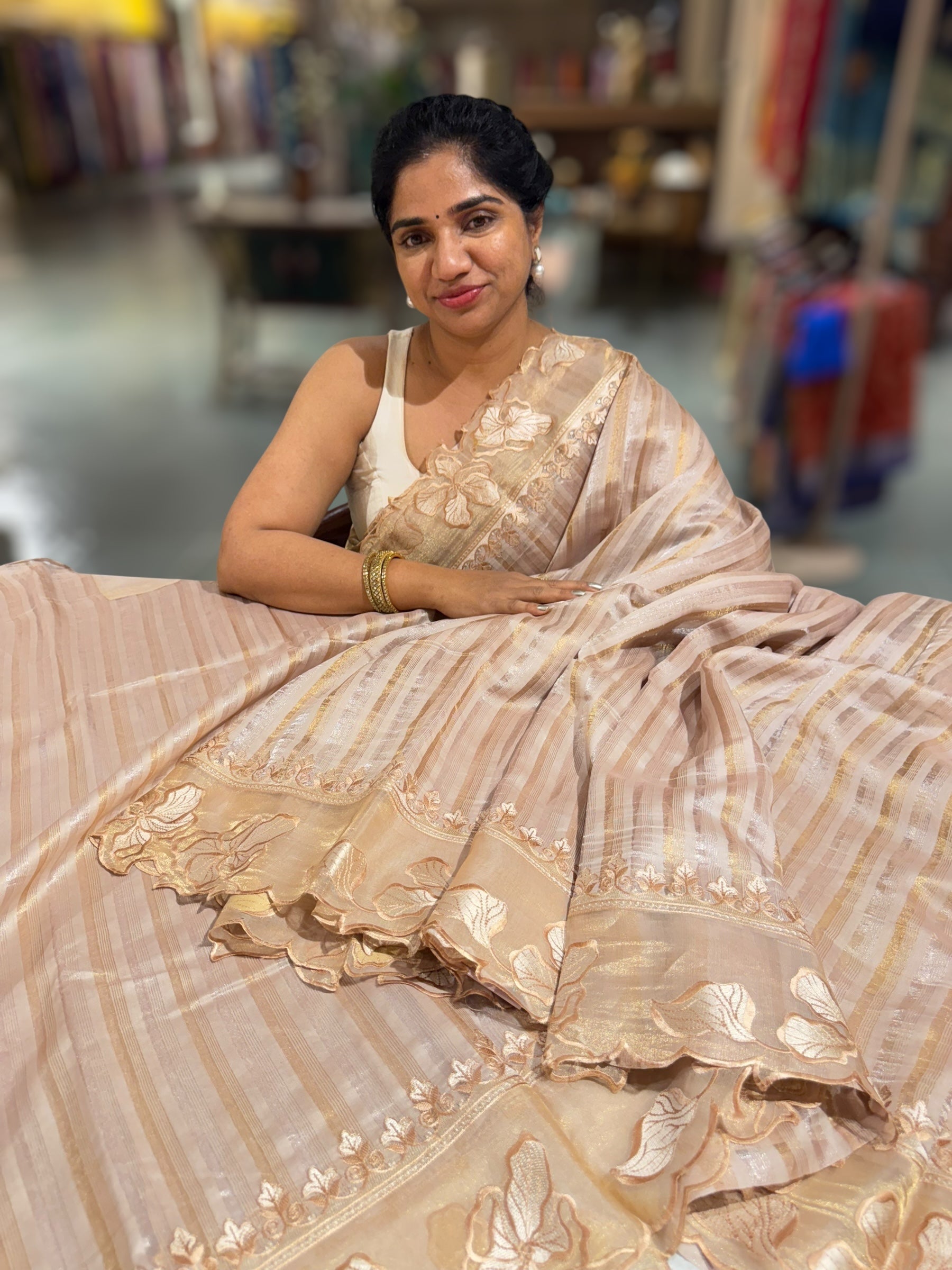 Golden Beige Mul Tissue Stripes Saree With Tissue Cutwork  Border & Blouse