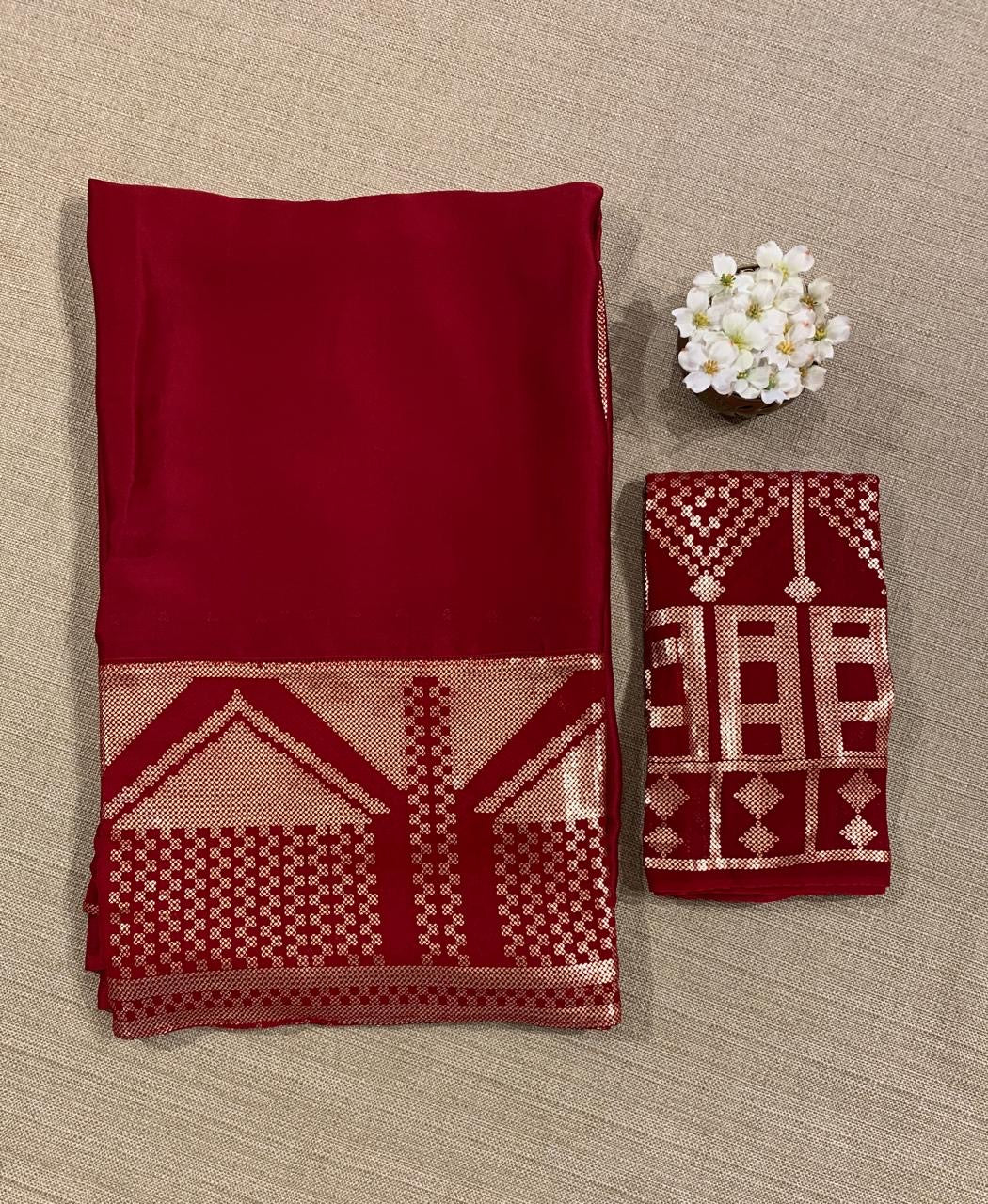 Red pure Satin Saree with designer sequence border and blouse