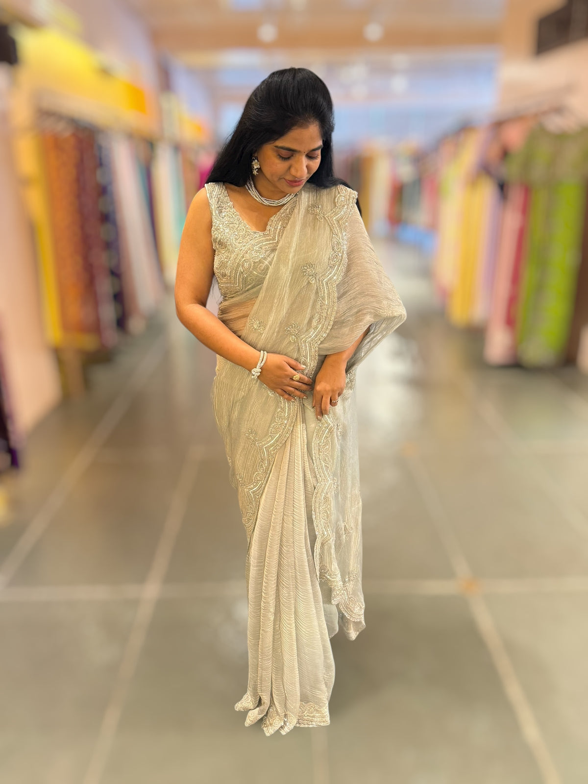 Pastel Bluish silver Crush Tissue handwork Saree